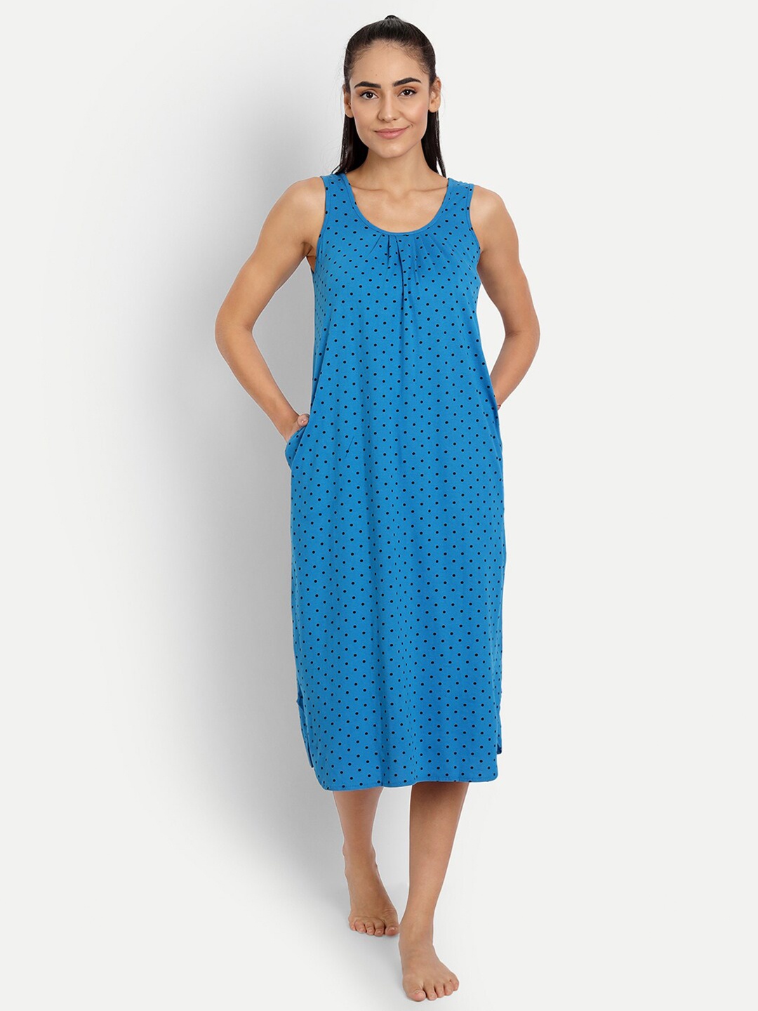 

BLAZON Polka Dots Printed Pure Cotton Nightdress, Blue