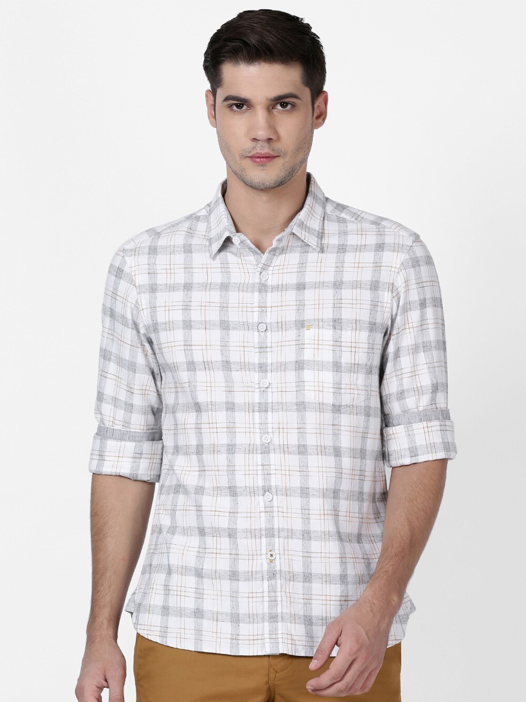 

t-base Spread Collar Checked Cotton Casual Shirt, Grey
