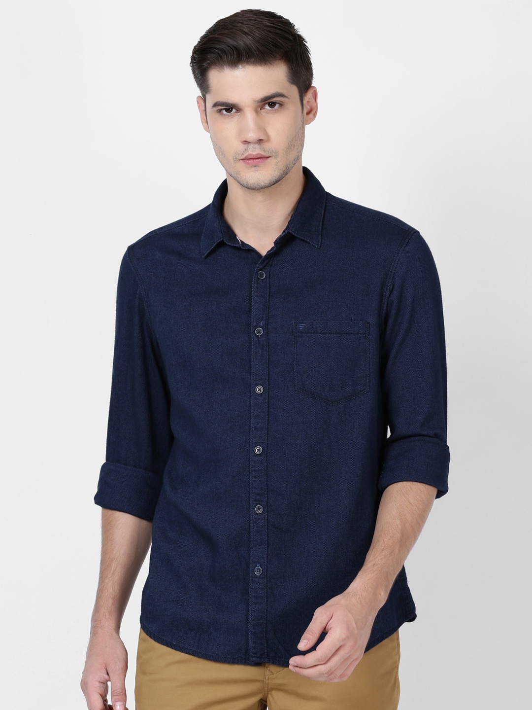 

t-base Spread Collar Cotton Indigo Casual Shirt, Navy blue