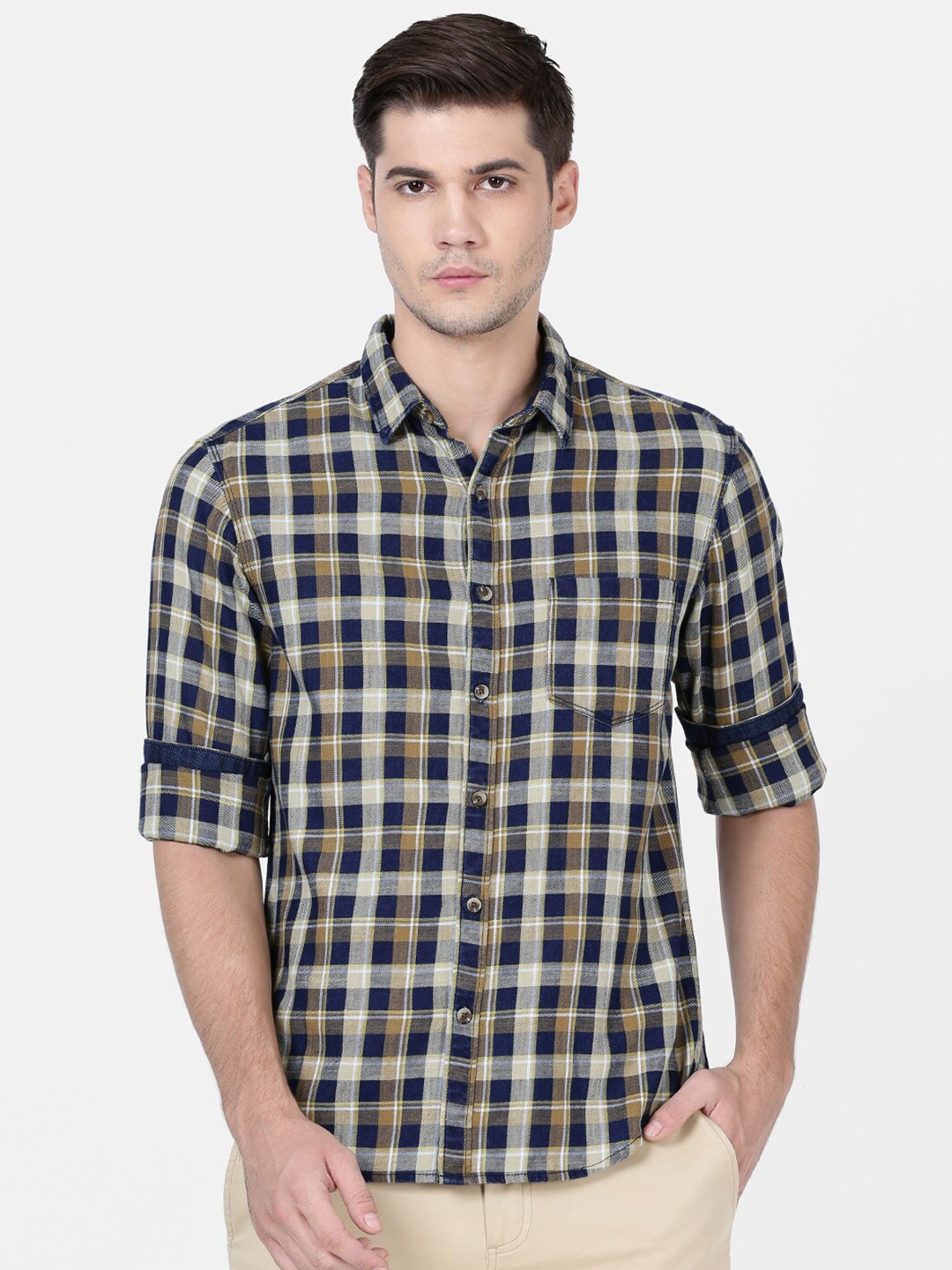 

t-base Checked Cotton Regular Fit Long Sleeves Casual Shirt, Navy blue