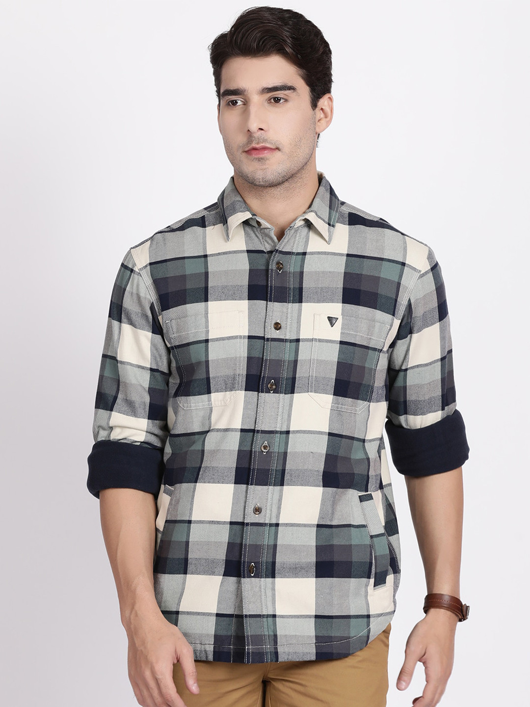 

t-base Checked Cotton Regular Fit Long Sleeves Casual Shirt, Grey