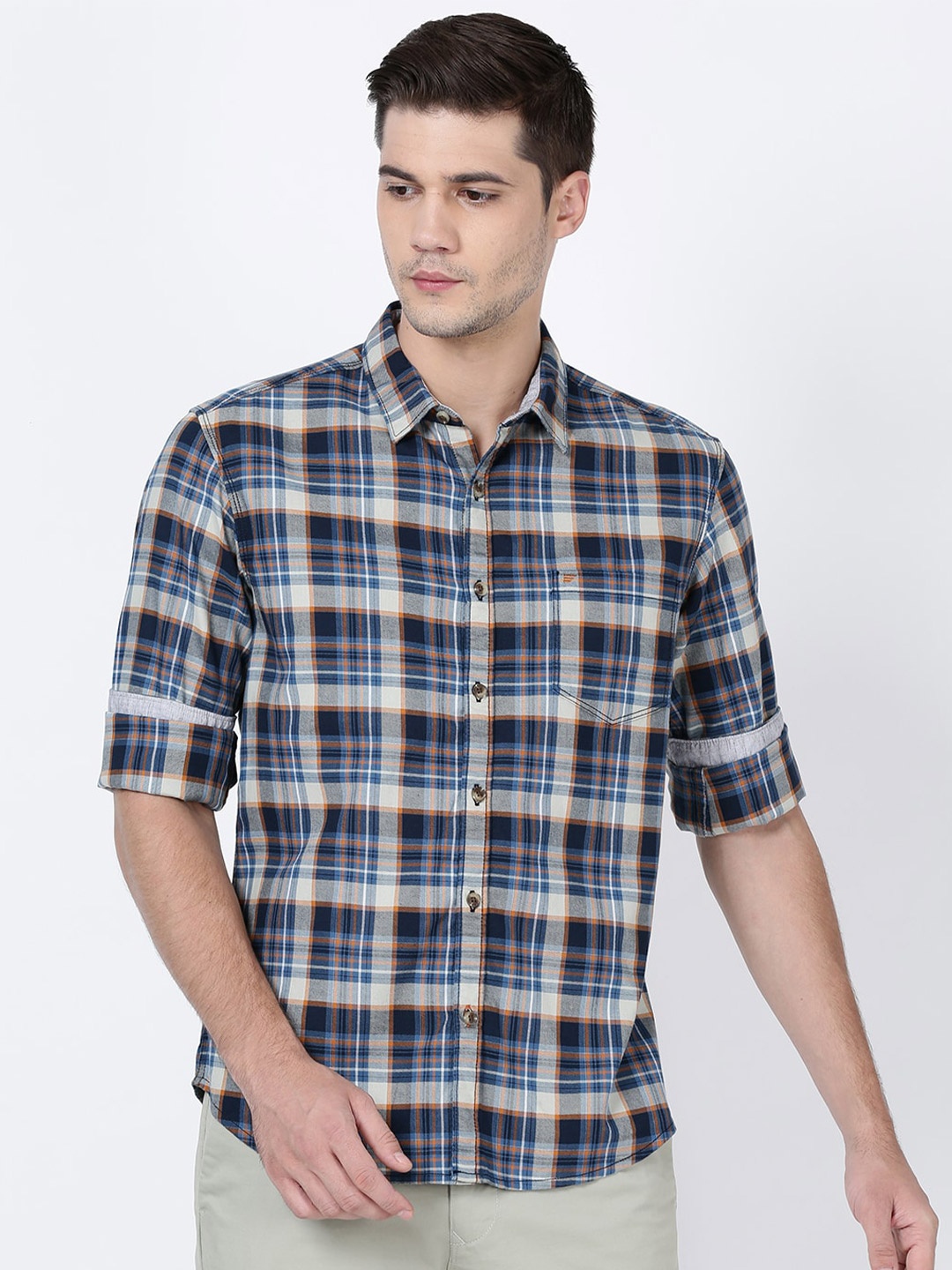 

t-base Checked Cotton Regular Fit Long Sleeves Casual Shirt, Navy blue