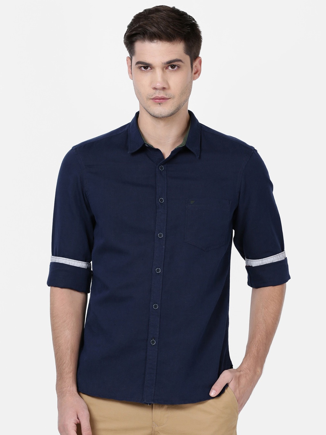 

t-base Regular Fit Cotton Linen Long Sleeves Casual Shirt, Navy blue