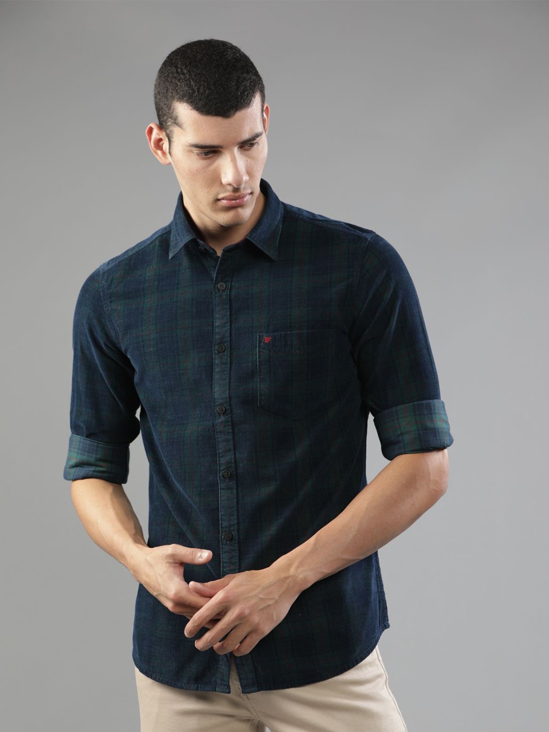 

t-base Spread Collar Tartan Checked Corduroy Casual Shirt, Green