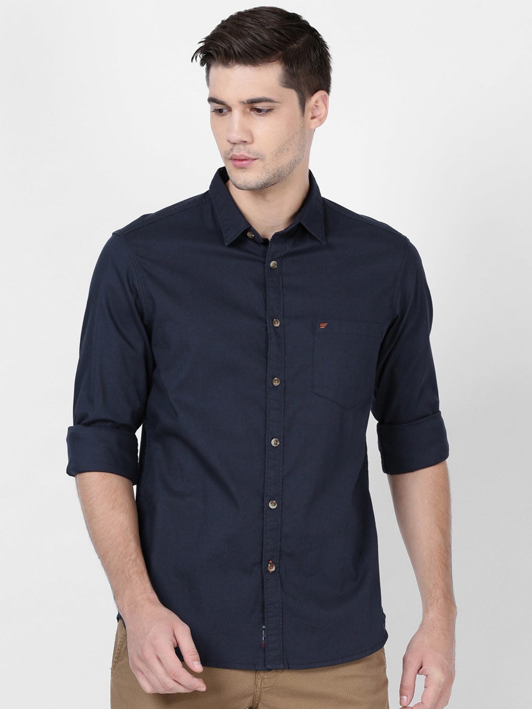 

t-base Spread Collar Regular Fit Cotton Casual Shirt, Navy blue