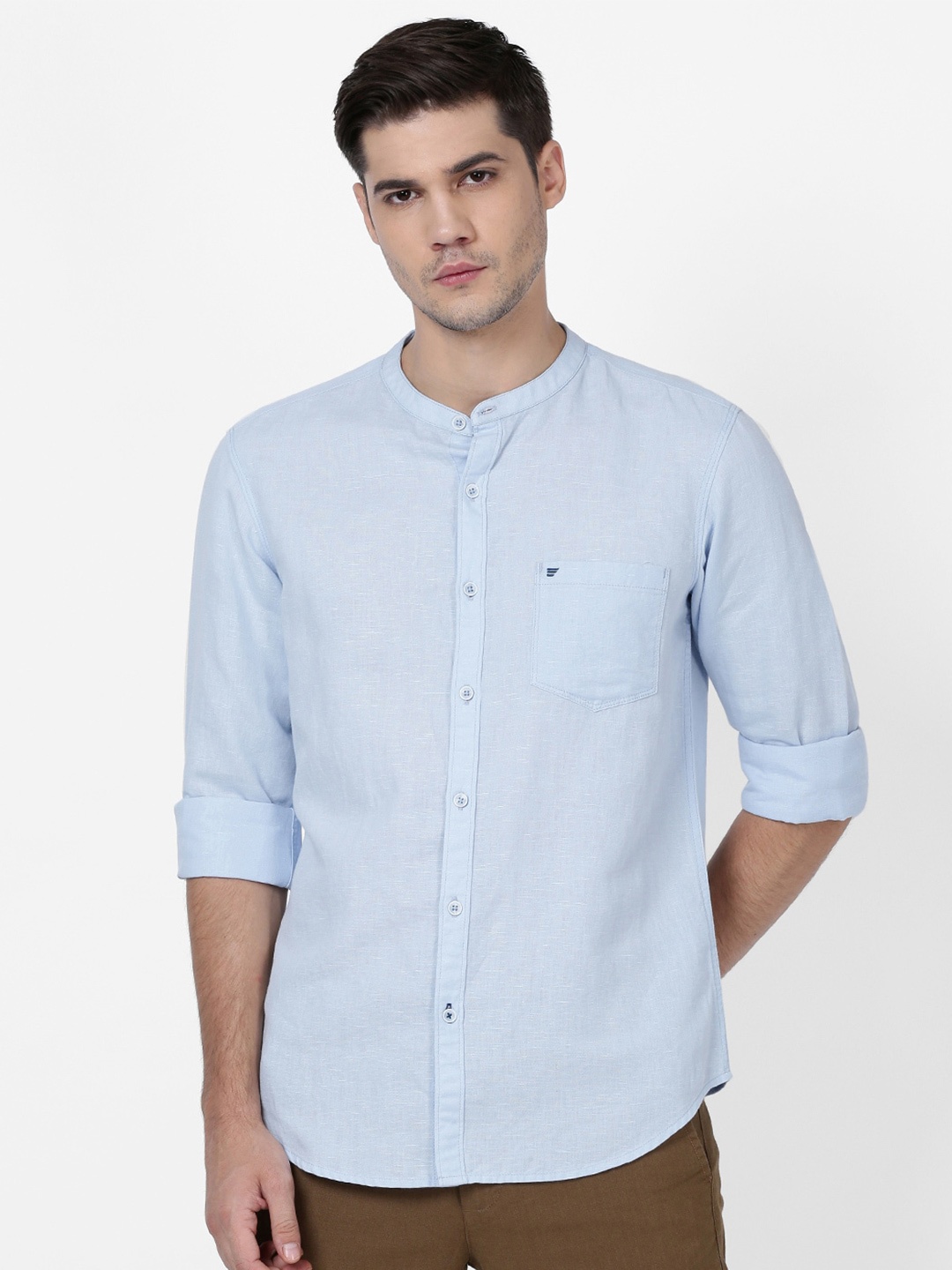 

t-base Regular Fit Cotton Linen Band Collar Casual Shirt, Turquoise blue
