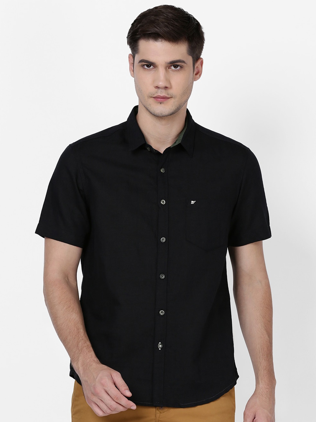 

t-base Regular Fit Cotton Linen Short Sleeves Casual Shirt, Black