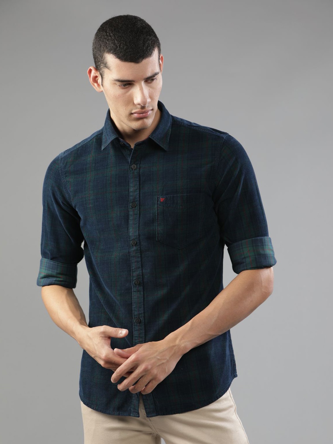 

t-base Checked Corduroy Regular Fit Long Sleeves Casual Shirt, Navy blue