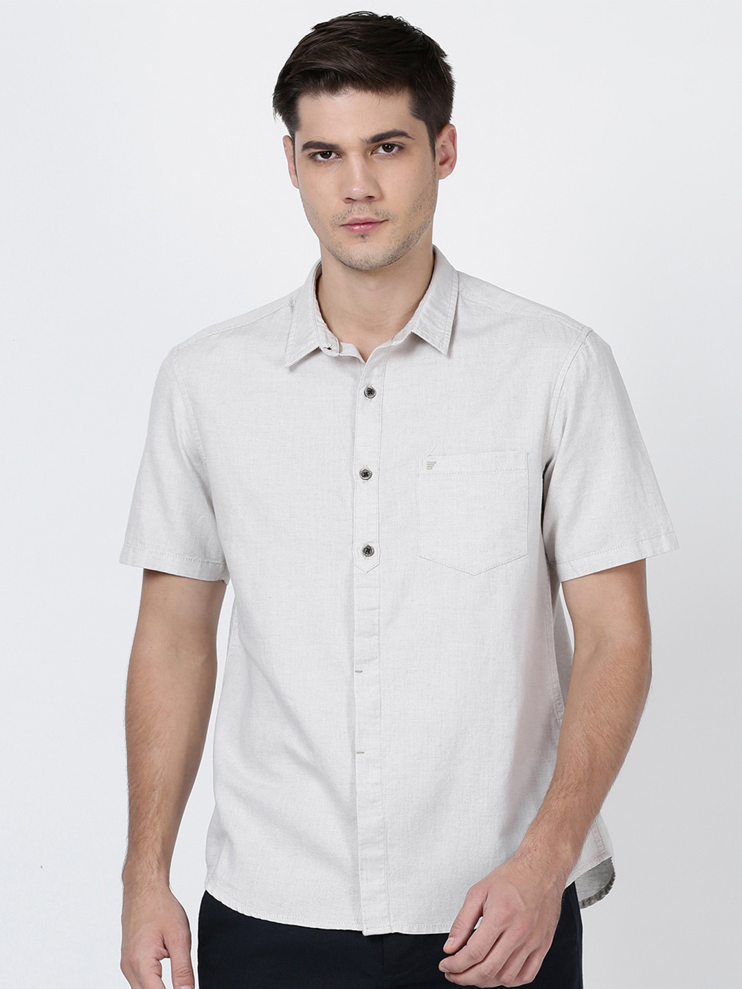 

t-base Spread Collar Cotton Linen Casual Shirt, White