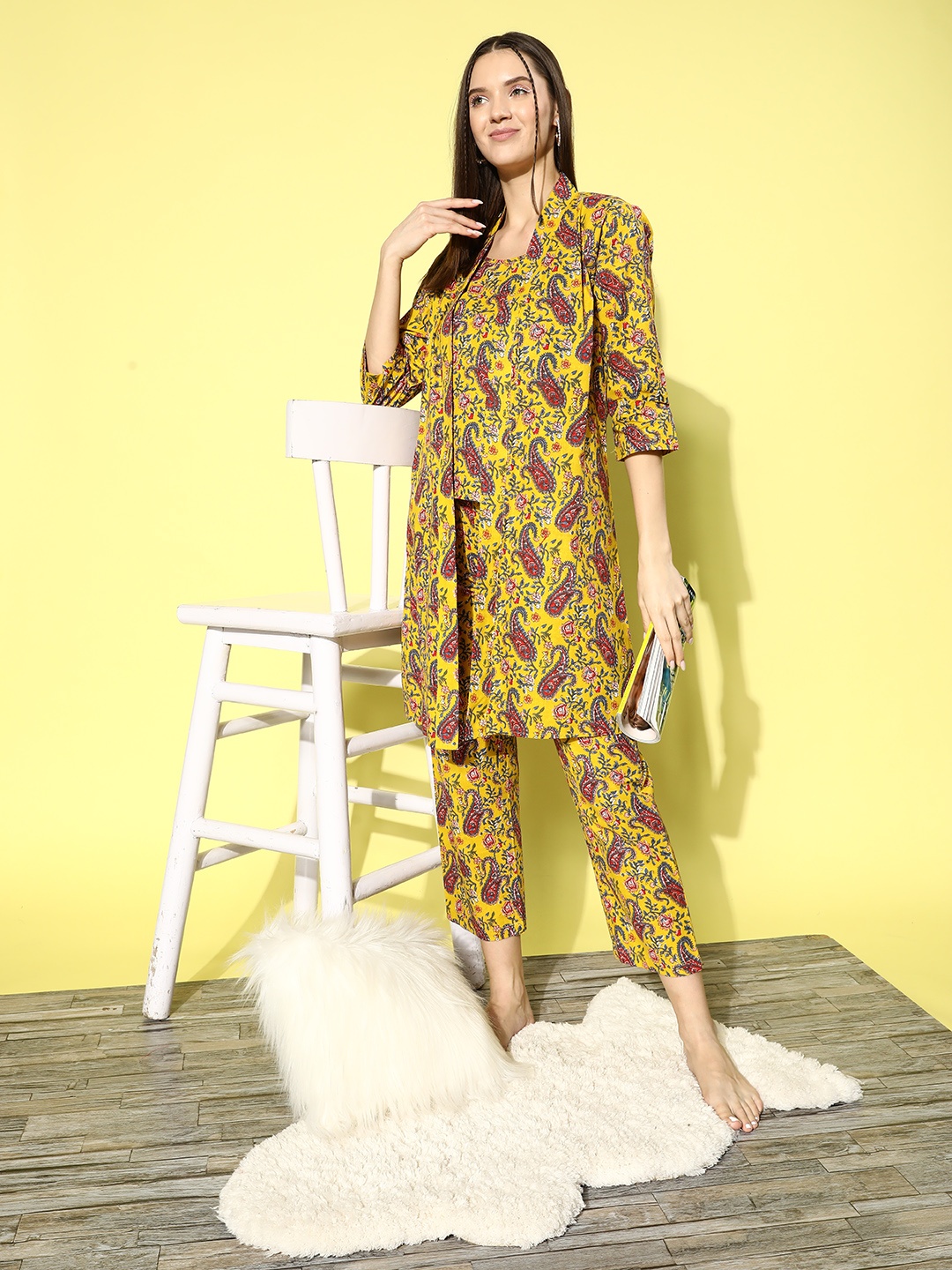 

ETC 3-Piece Printed Cotton Night suit, Yellow