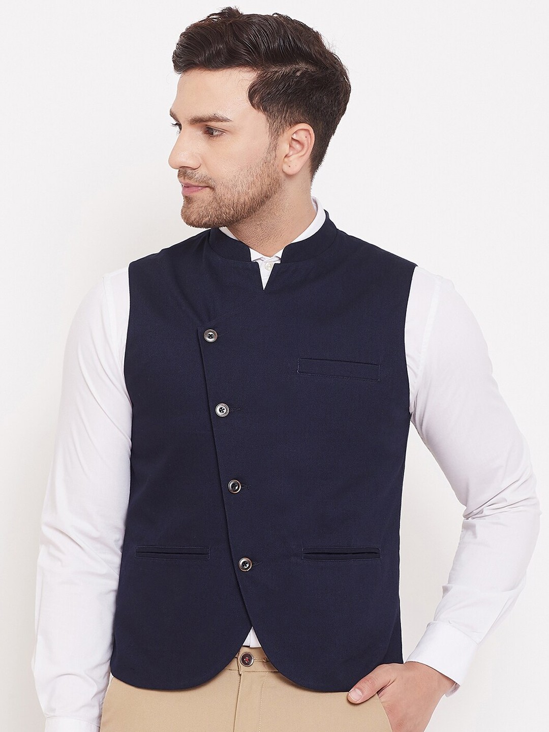 

CHILL WINSTON Pure Cotton Mandarin Collar Nehru Jackets, Navy blue