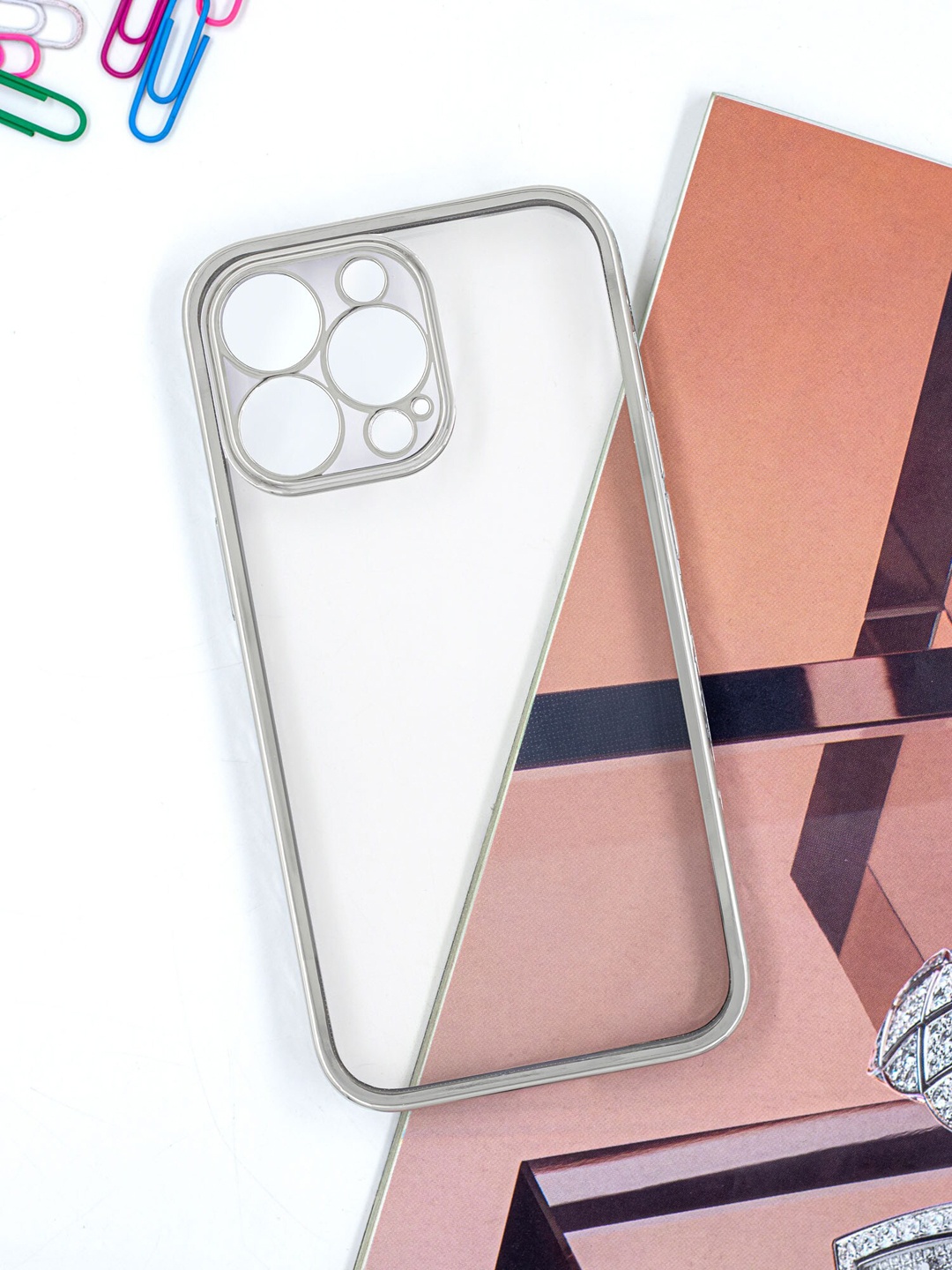 

DOOBNOOB iPhone 13 Pro Max Slide Flower Lace Plating Clear Phone Back Case, Silver