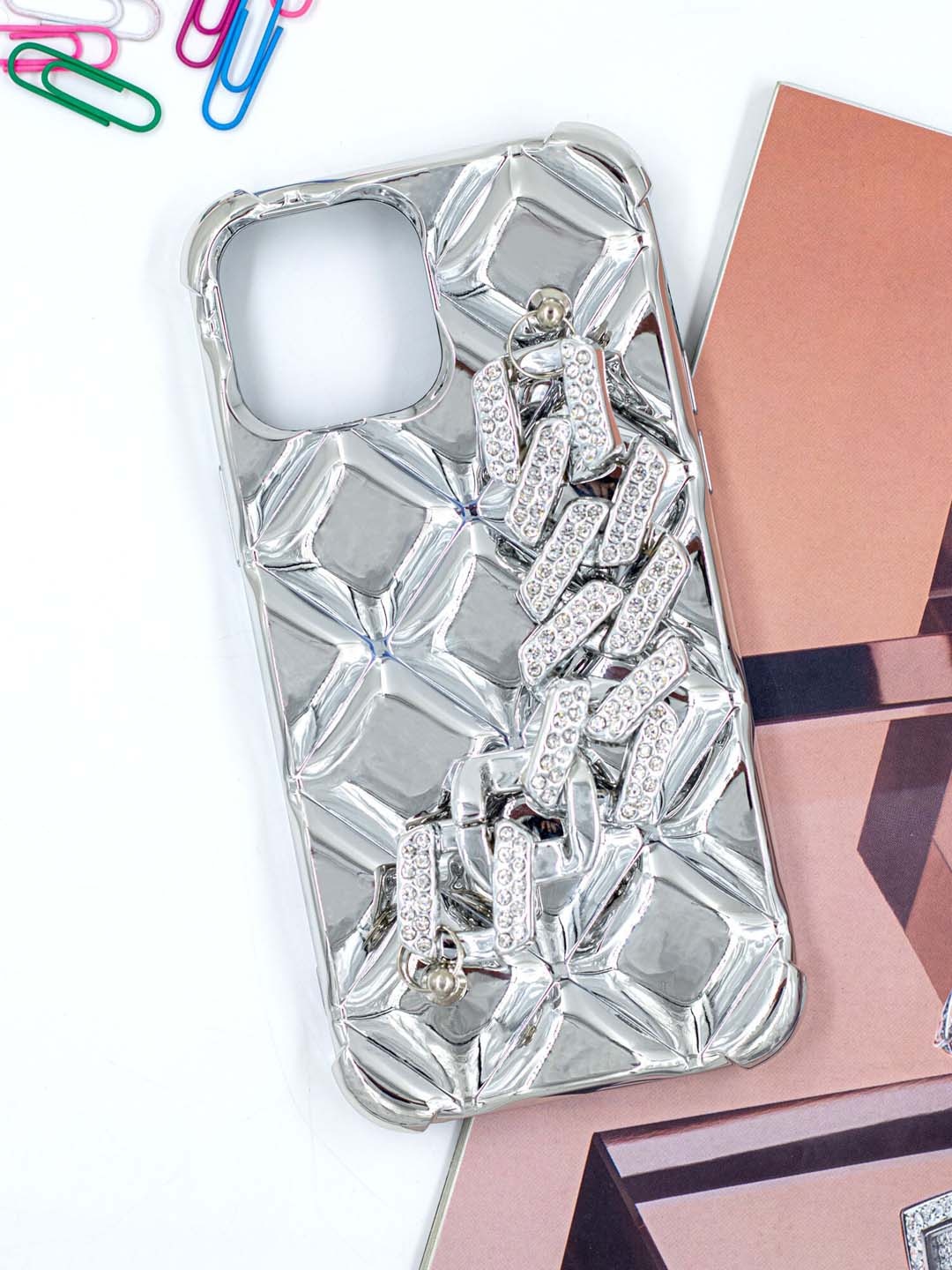 

DOOBNOOB iPhone 11 Pro Max Rhombus Metal Bracelet Phone Back Case, Silver