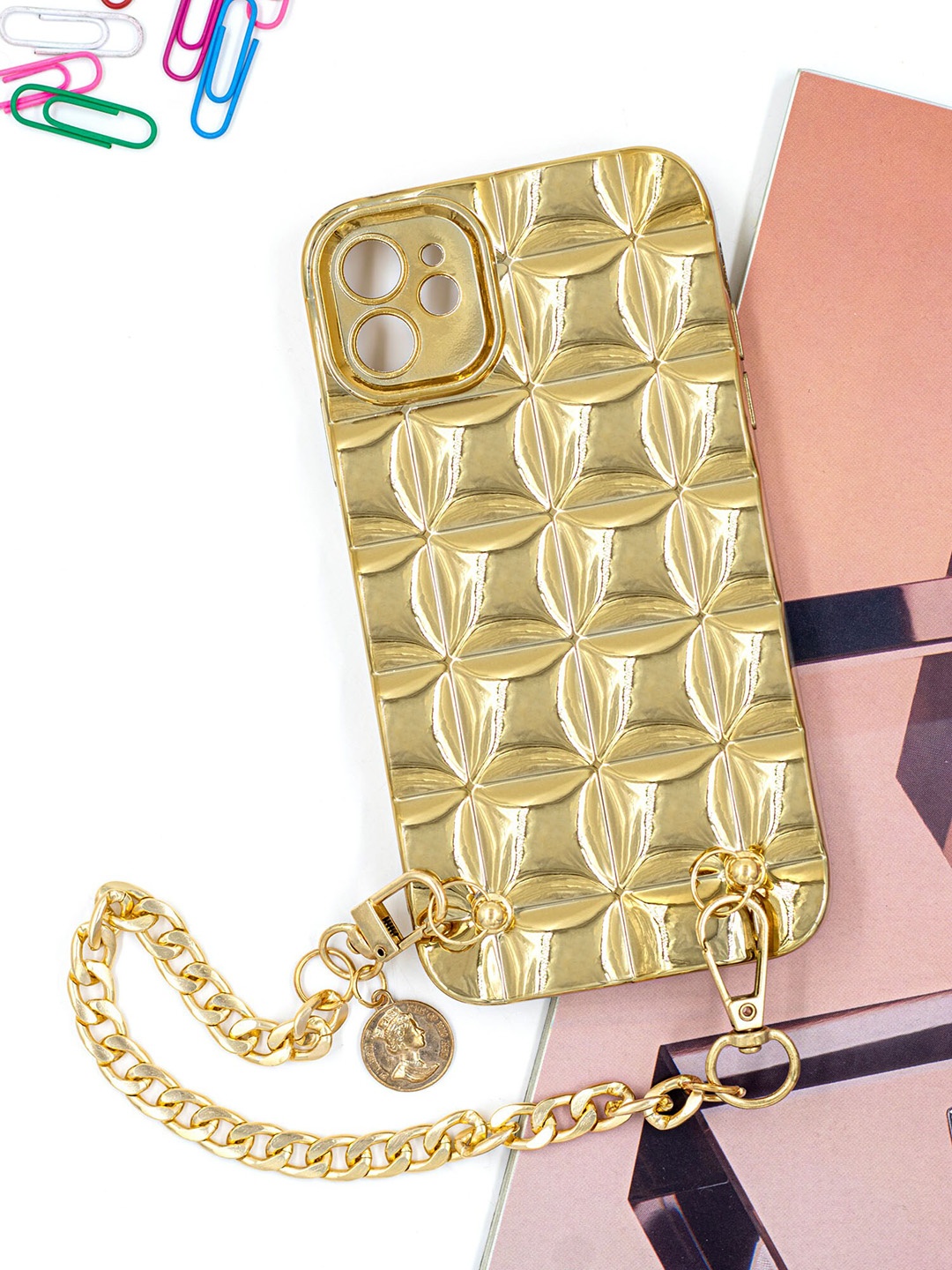 

DOOBNOOB Gold-Toned Lattice Square iPhone 13 ProMax Silicone Phone Back Case