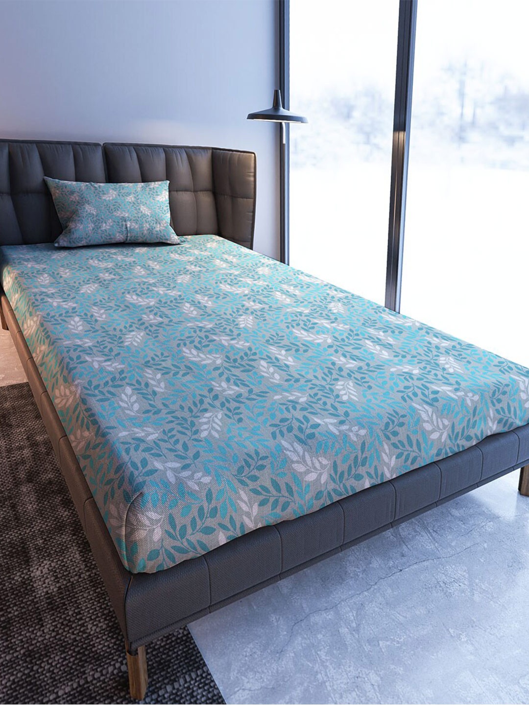 

MAYFAIR HOMES LONDON Turquoise Blue Floral 108 TC Single Bedsheet With 1 Pillow Cover