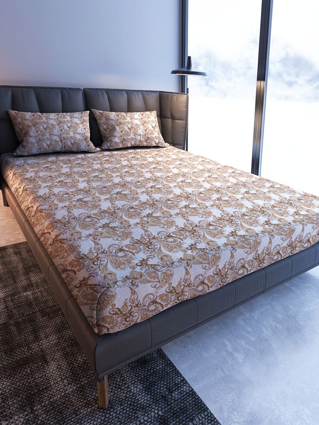

MAYFAIR HOMES LONDON Blooming Beige & Brown 108 TC Queen Bedsheet & 2 Pillow Covers