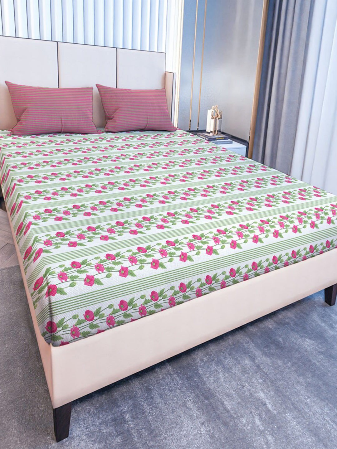 

MAYFAIR HOMES LONDON Glen Pink & Green Floral 120 TC Queen Bedsheet & 2 Pillow Covers