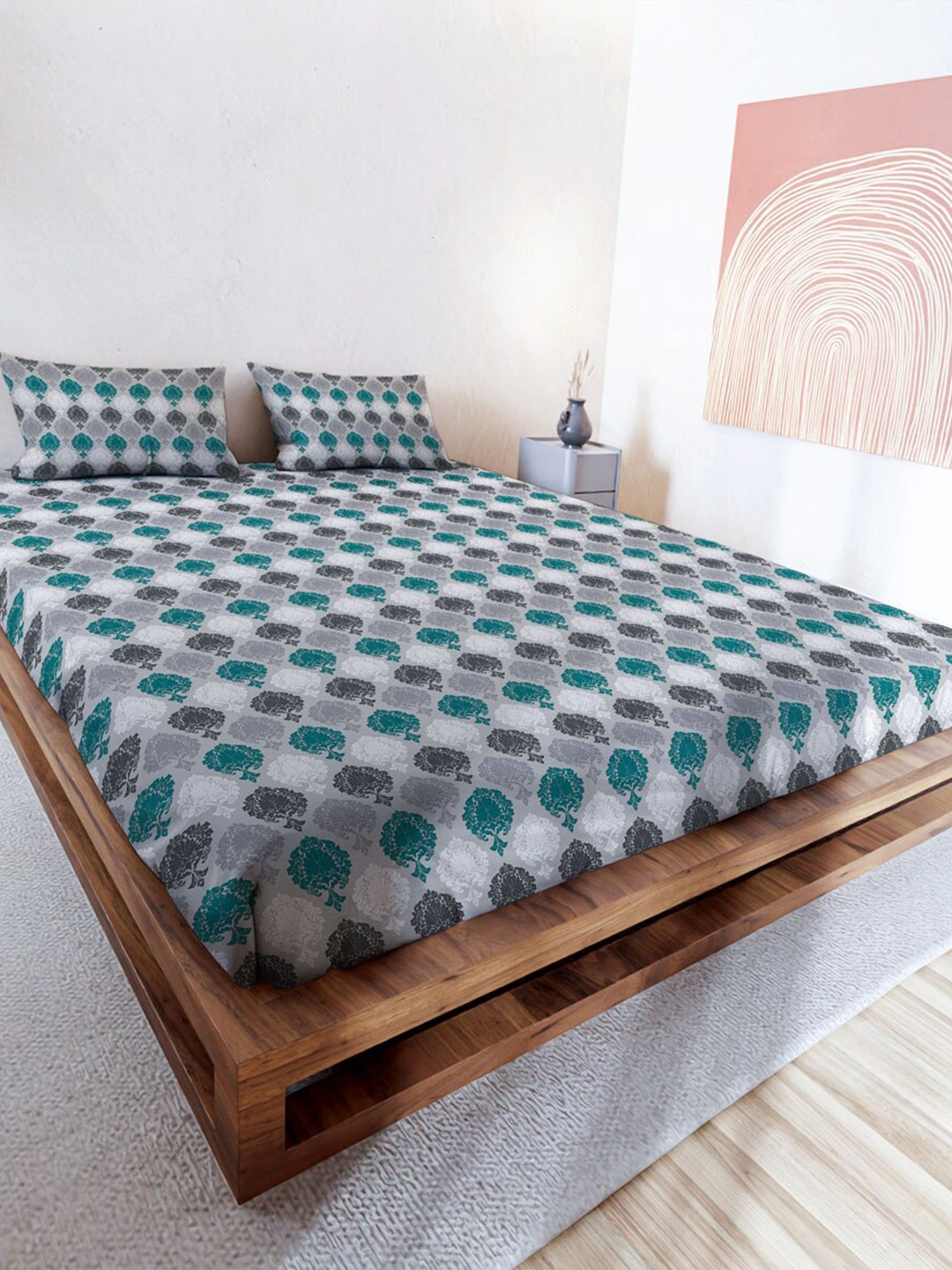 

MAYFAIR HOMES LONDON Rushmoor Grey & Teal 144 TC Fitted King Bedsheet & 2 Pillow Covers