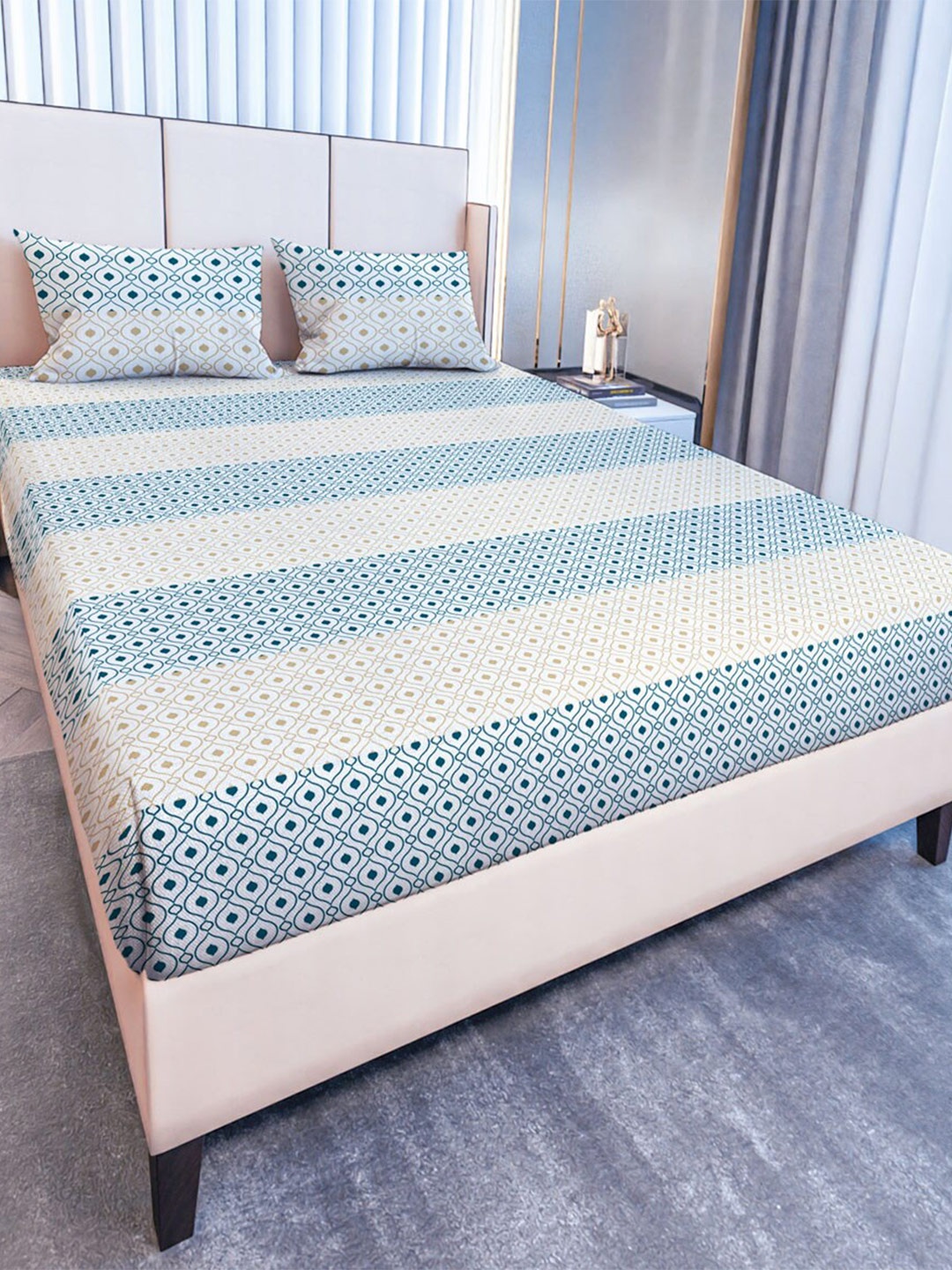 

MAYFAIR HOMES LONDON Glen 120 Teal 120 TC Fitted Cotton King Bedsheet & 2 Pillow Covers