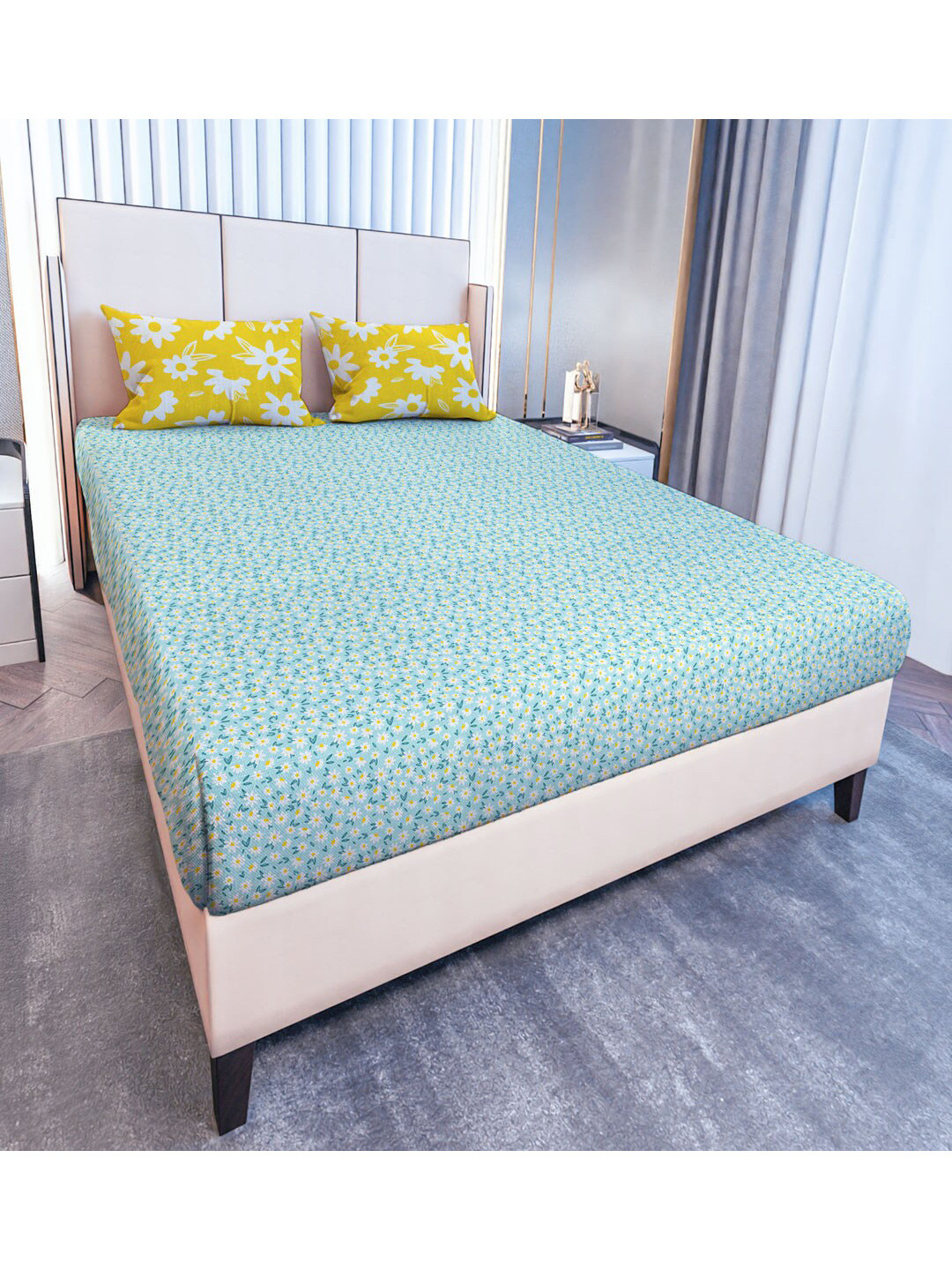 

MAYFAIR HOMES LONDON Glen Blue Floral 120 TC Fitted Cotton King Bedsheet & 2 Pillow Covers