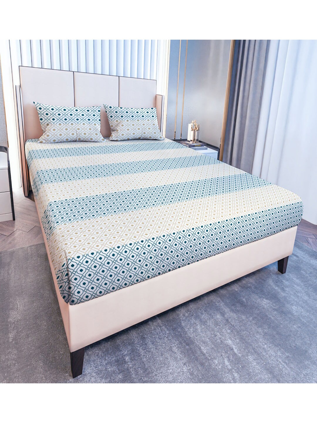 

MAYFAIR HOMES LONDON Teal Geometric Cotton120 TC King Bedsheet With 2 Pillow Covers