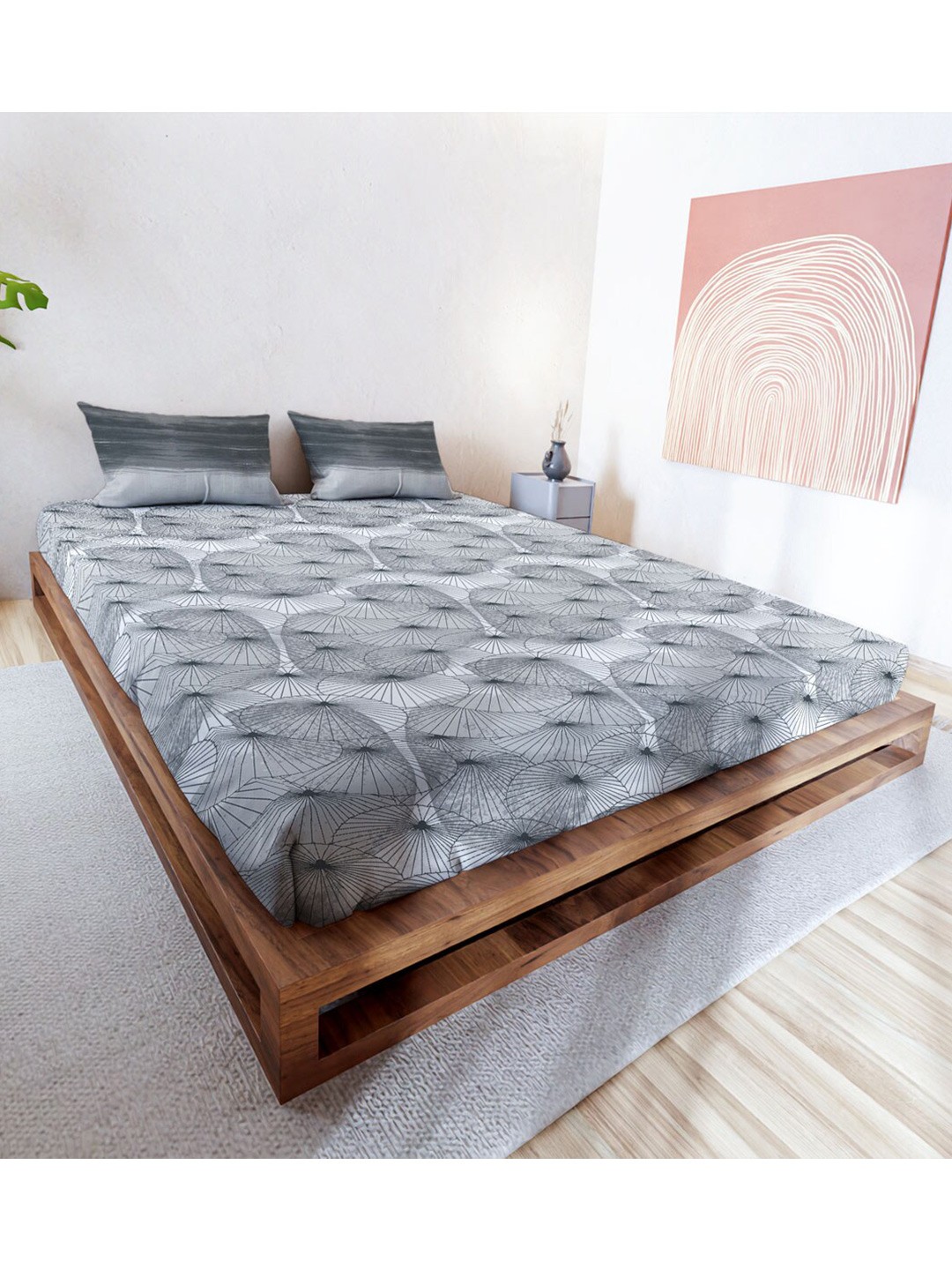 

MAYFAIR HOMES LONDON Grey Cotton Fitted 144 TC King Bedsheet With 2 Pillow Covers