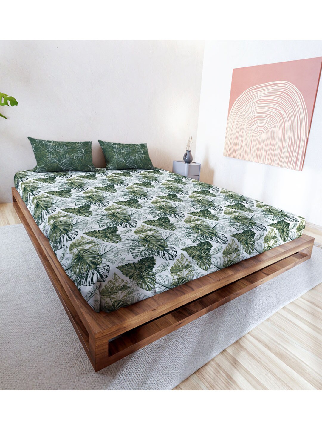 

MAYFAIR HOMES LONDON Green Floral Cotton 144 TC King Bedsheet With 2 Pillow Covers, White