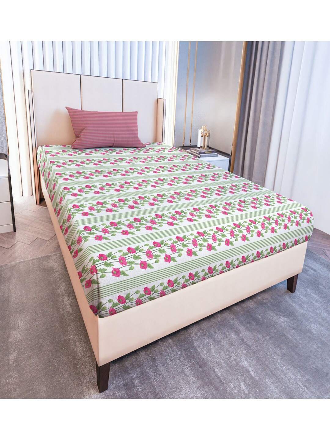 

MAYFAIR HOMES LONDON Pink Floral Cotton 120 TC Single Bedsheet With 1 Pillow Covers