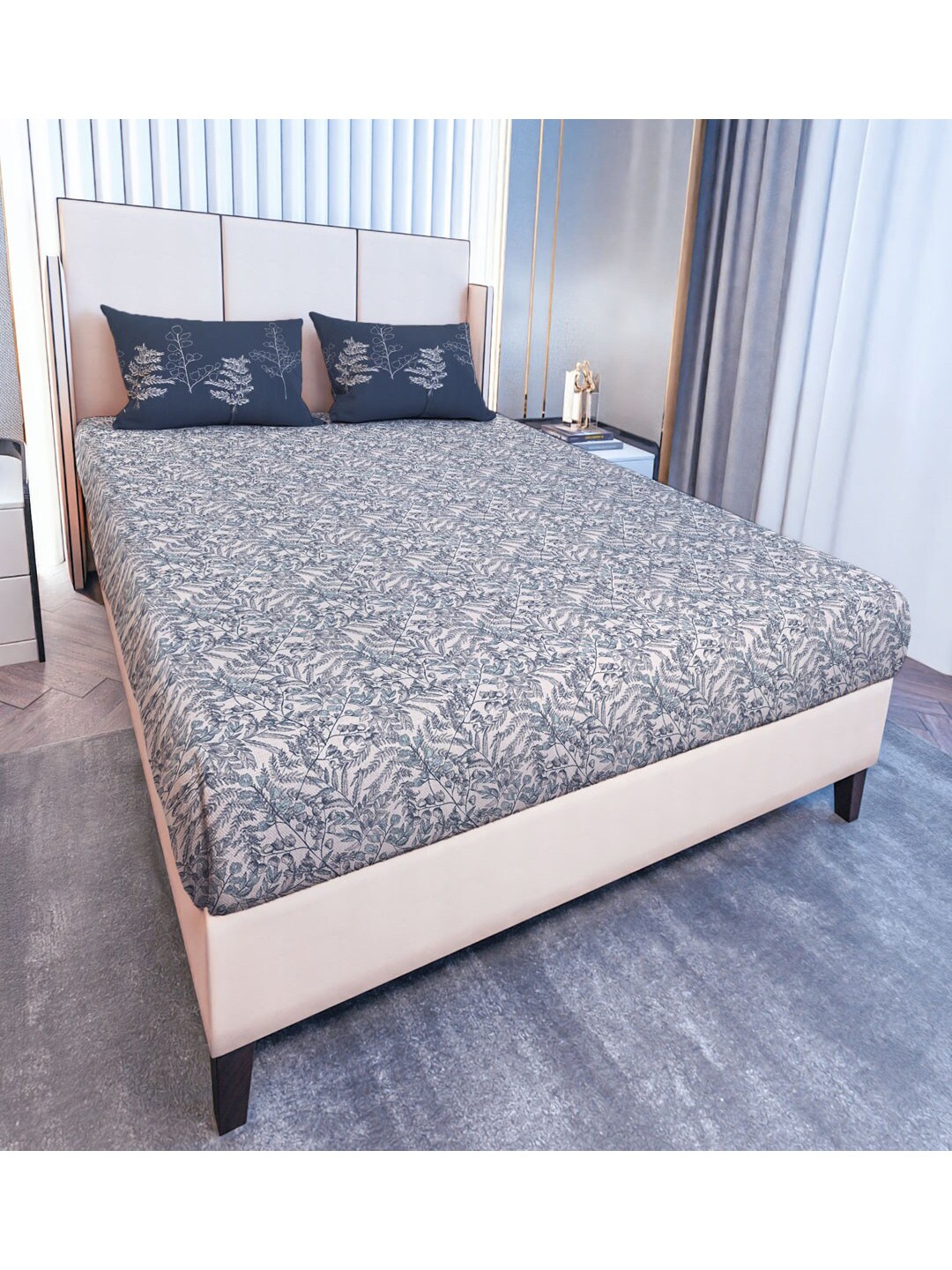 

MAYFAIR HOMES LONDON Glen Blue Floral 120 TC Fitted King Bedsheet & 2 Pillow Covers