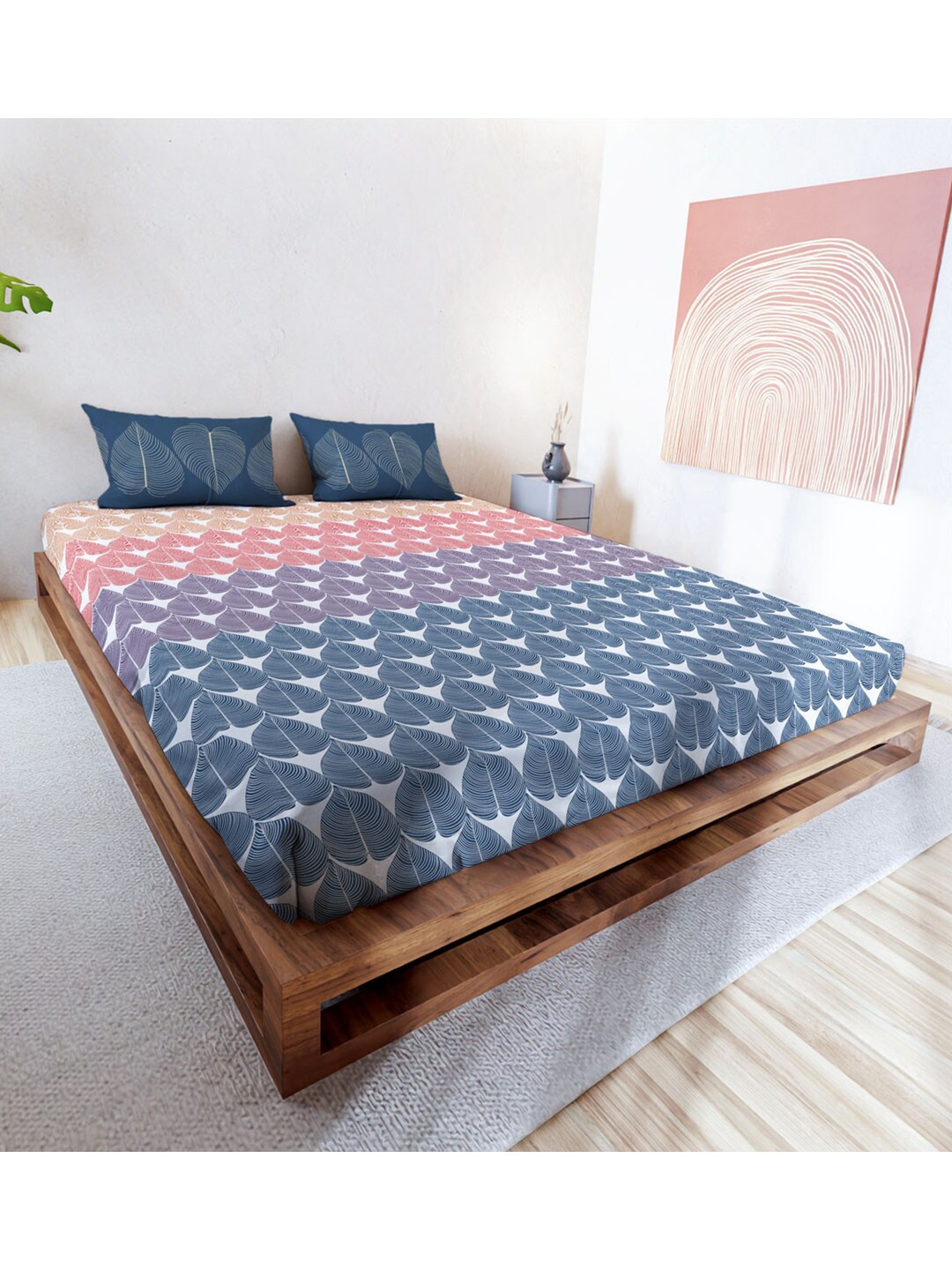 

MAYFAIR HOMES LONDON Cool Tone Floral Cotton Fitted 144 TC King Bedsheet & 2 Pillow Covers, Blue