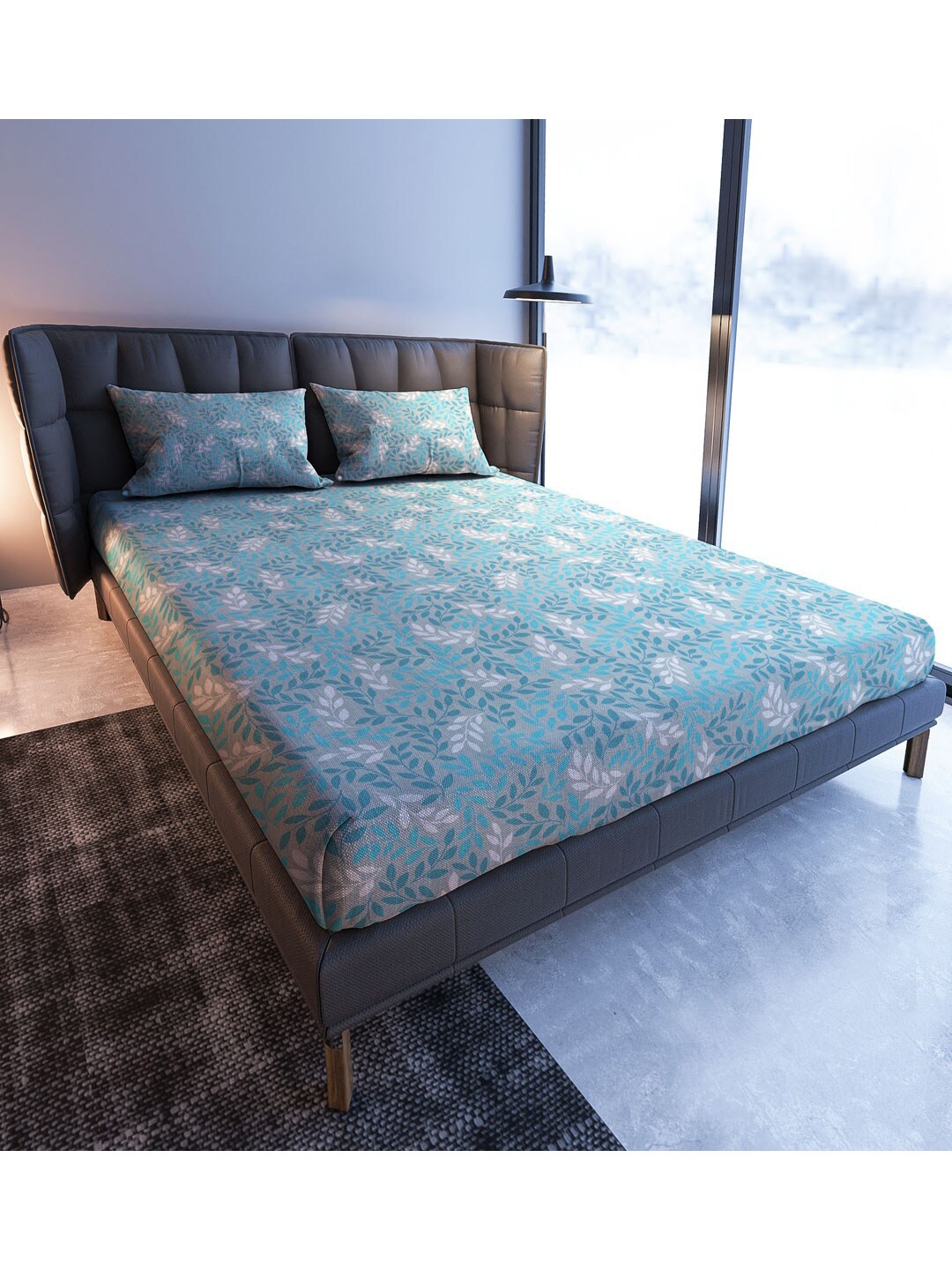 

MAYFAIR HOMES LONDON Blooming Turquoise Blue & White 108 TC King Bedsheet & Pillow Covers