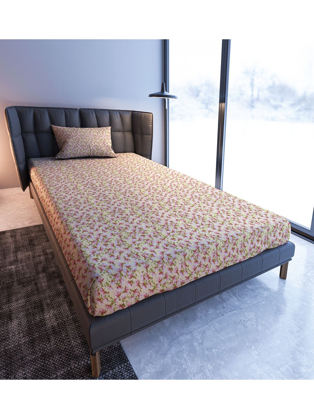 

MAYFAIR HOMES LONDON Blooming Tales Pink 108 TC Cotton Single Bedsheet &1 Pillow Covers