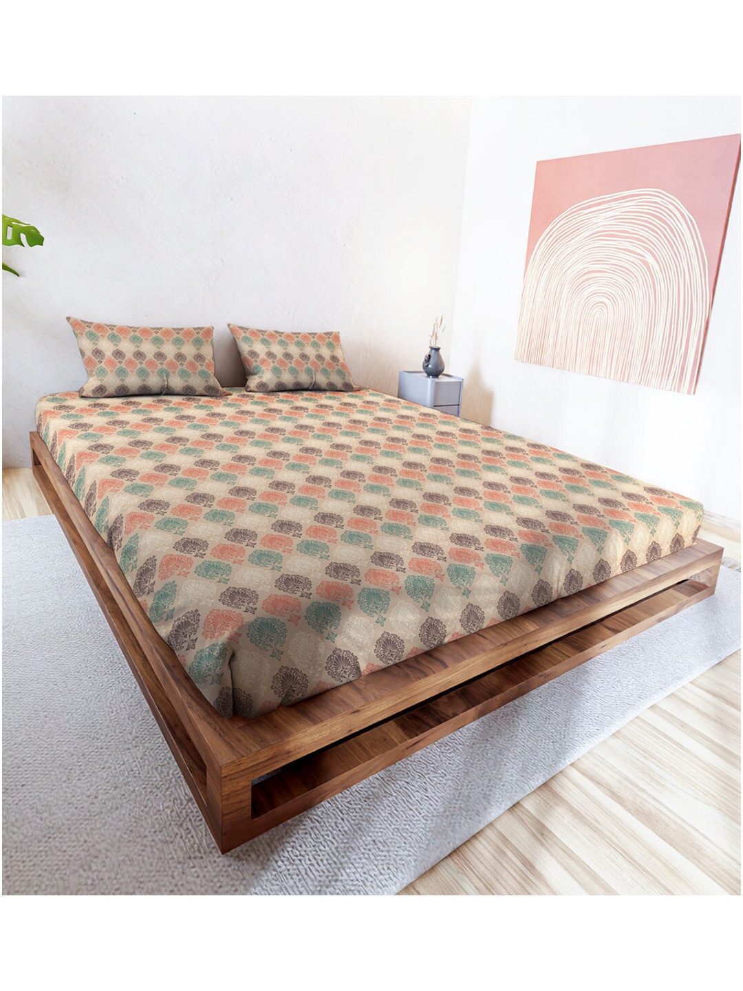 

MAYFAIR HOMES LONDON Rushmoor Peach-Coloured 144 TC Fitted King Bedsheet & 2 Pillow Covers