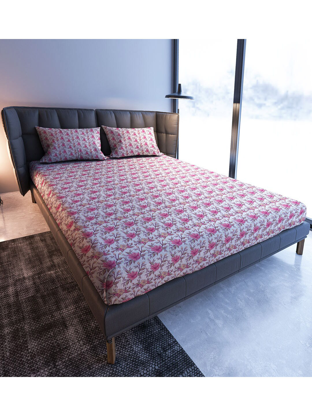 

MAYFAIR HOMES LONDON Pink Blooming Floral Cotton 108 TC King Bedsheet With 2 Pillow Covers