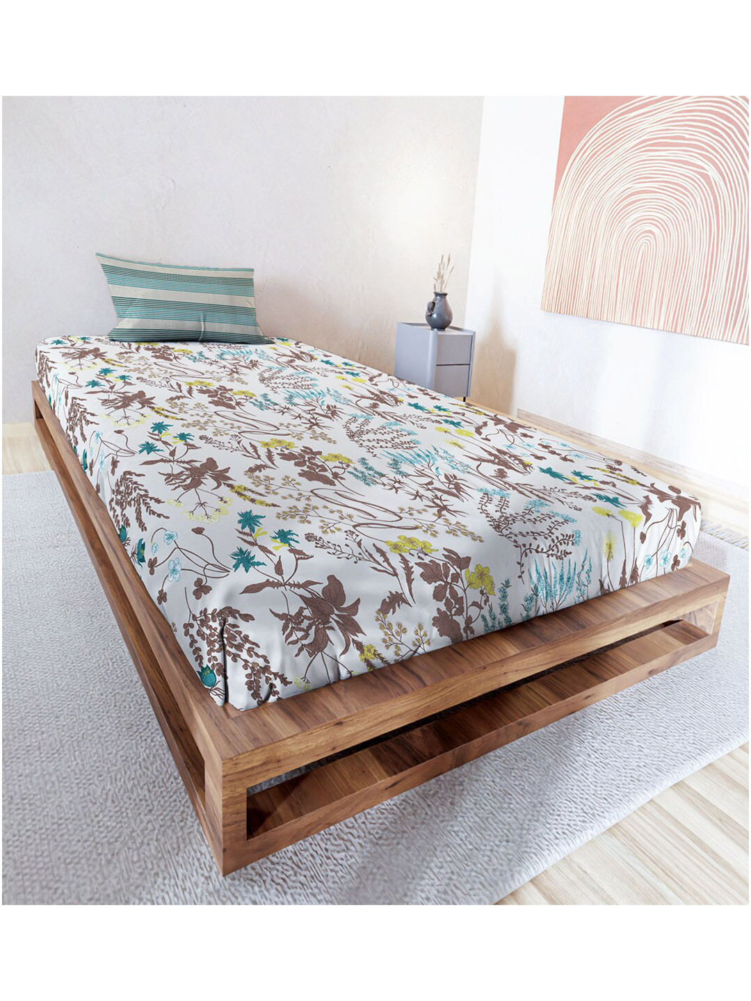 

MAYFAIR HOMES LONDON Teal Floral Cotton 144 TC Single Bedsheet With 1 Pillow Covers, White