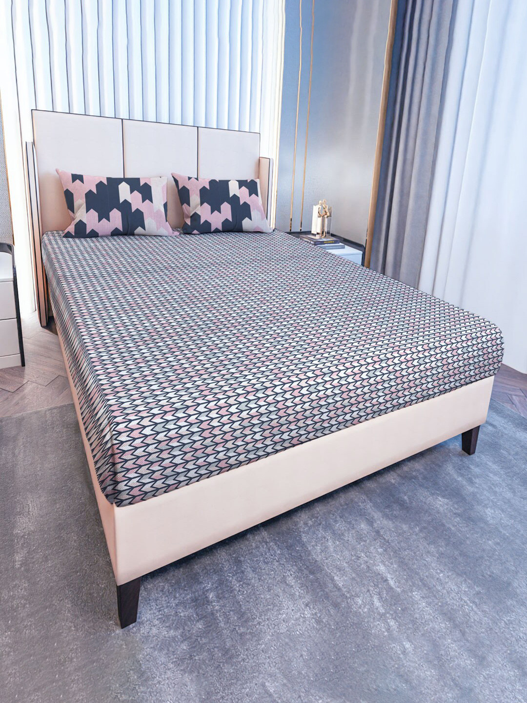 

MAYFAIR HOMES LONDON Glen Navy Blue & Pink Geometric 120 TC Queen Bedsheet & Pillow Covers