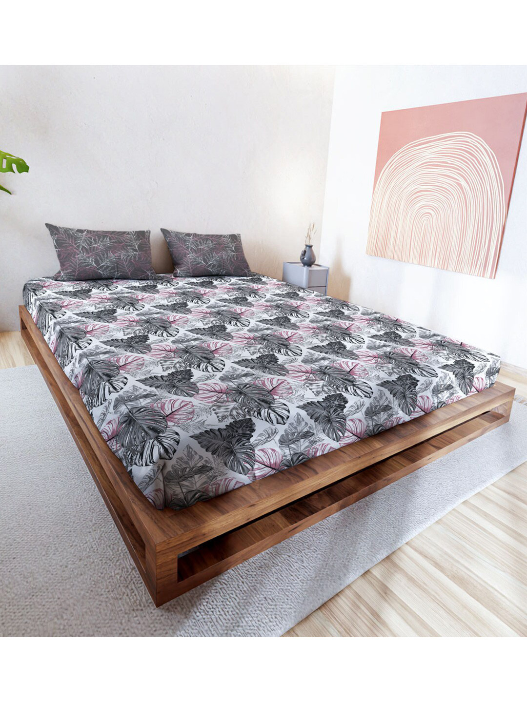 

MAYFAIR HOMES LONDON Grey Floral Cotton Fitted 144 TC King Bedsheet With 2 Pillow Covers