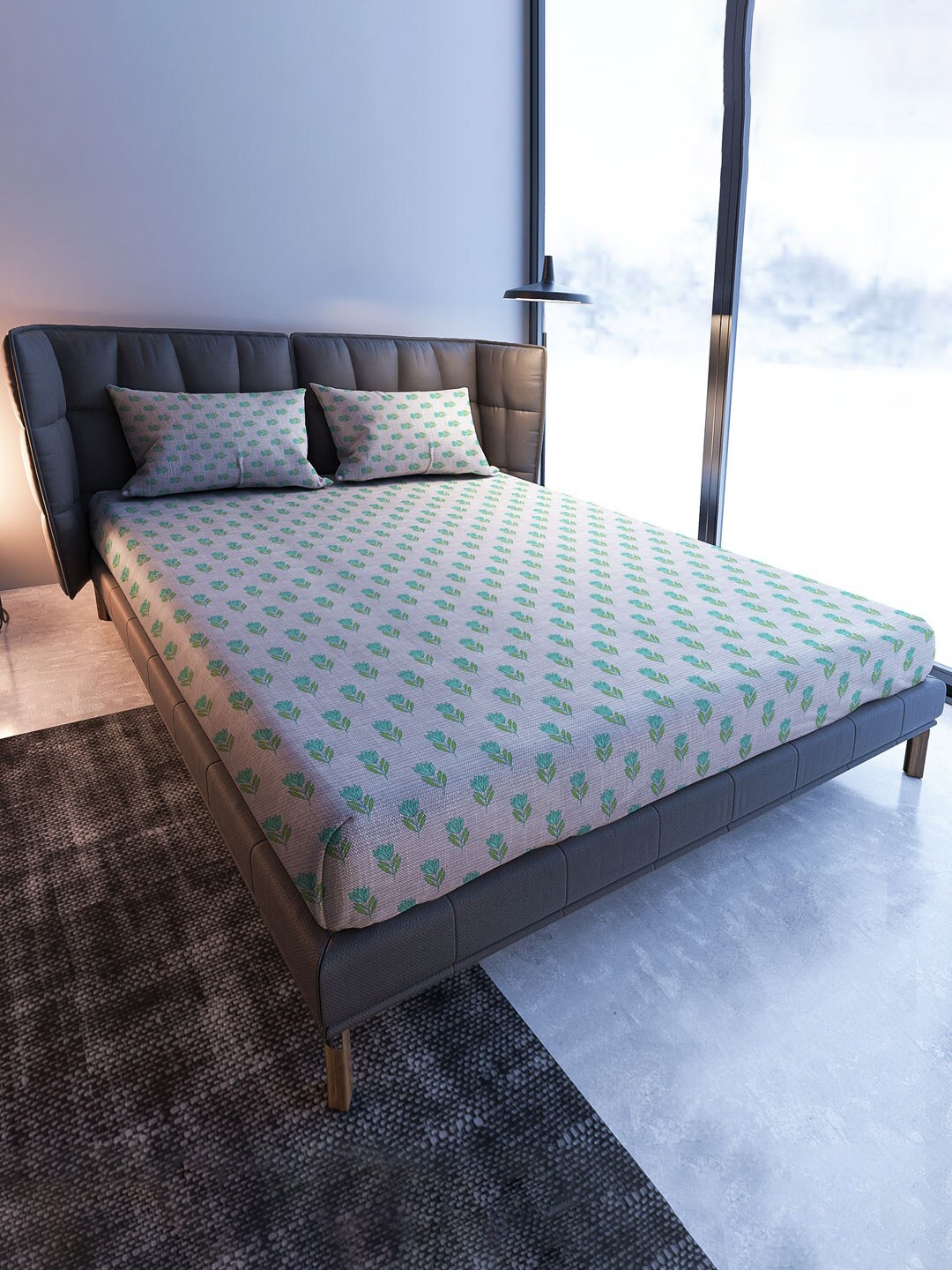 

MAYFAIR HOMES LONDON Teal Blooming Floral Cotton 108 TC King Bedsheet With 2 Pillow Covers