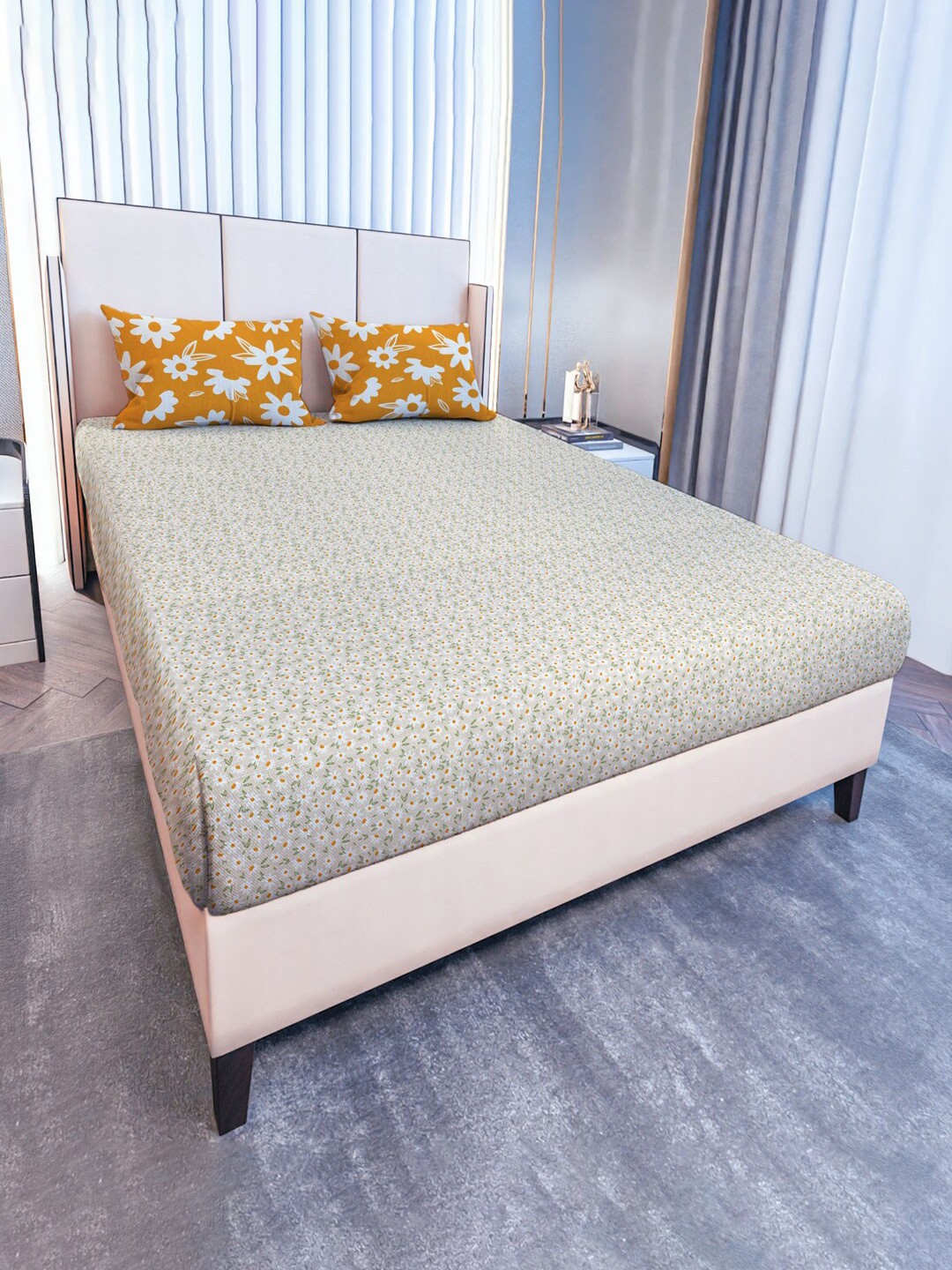 

MAYFAIR HOMES LONDON Beige Floral Cotton Fitted 120 TC King Bedsheet With 2 Pillow Covers