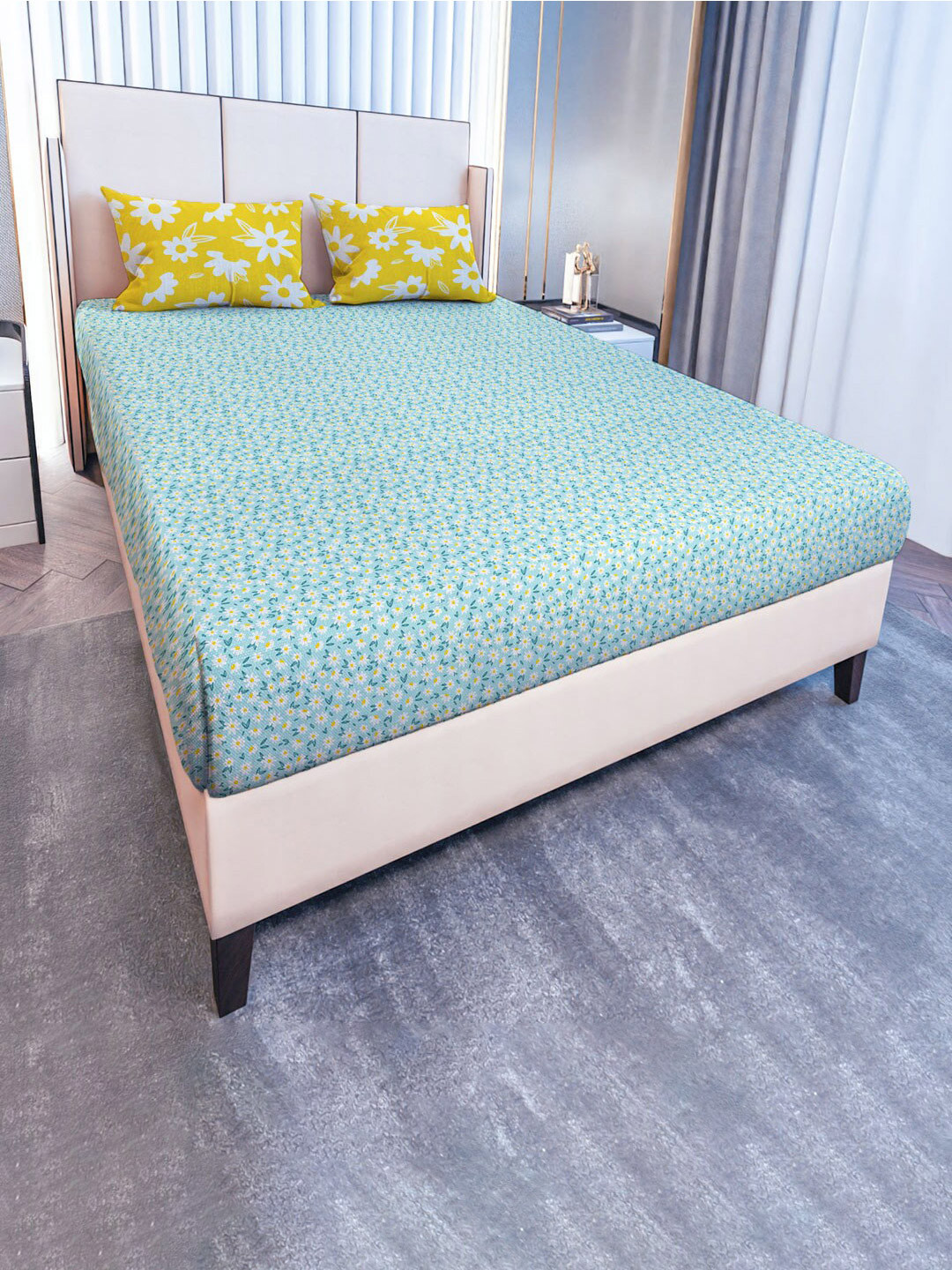 

MAYFAIR HOMES LONDON Blue Floral Cotton 120 TC King Bedsheet With 2 Pillow Covers