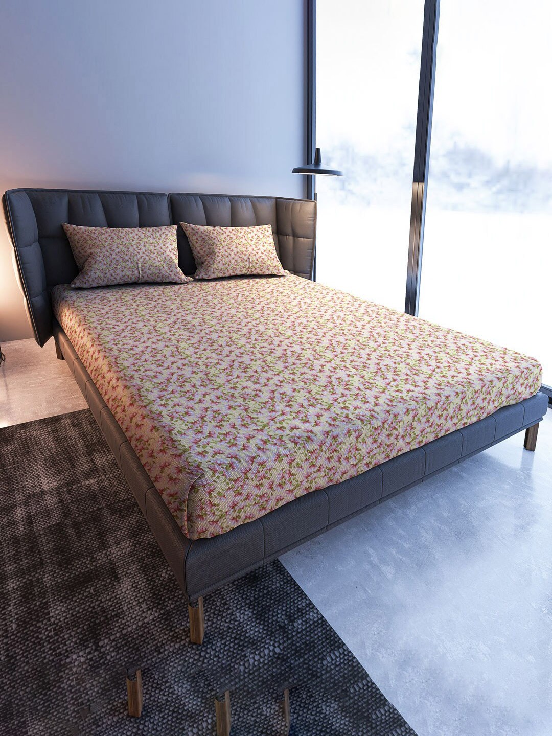 

MAYFAIR HOMES LONDON Pink Floral Cotton Fitted 108 TC King Bedsheet & 2 Pillow Covers