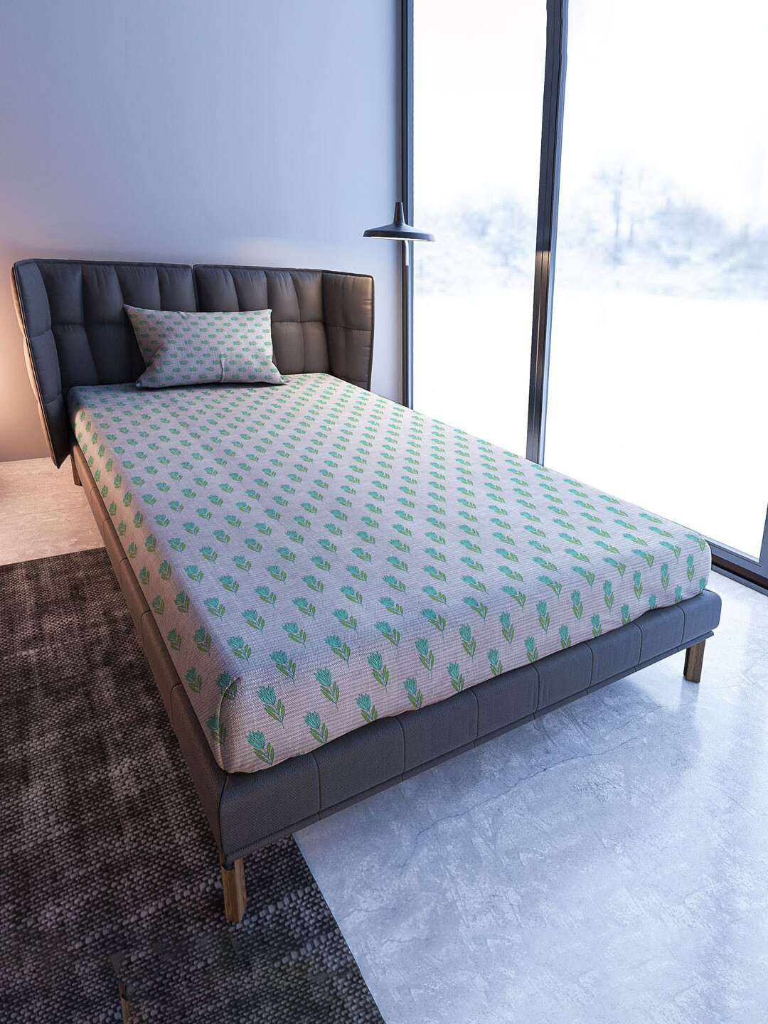 

MAYFAIR HOMES LONDON Blooming Teal & Off White 108 TC Single Bedsheet & Pillow Cover