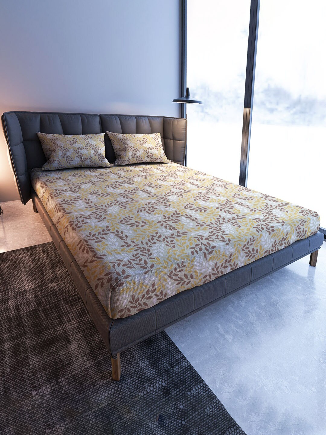 

MAYFAIR HOMES LONDON Beige Floral Cotton 108 TC Queen Bedsheet With 2 Pillow Covers