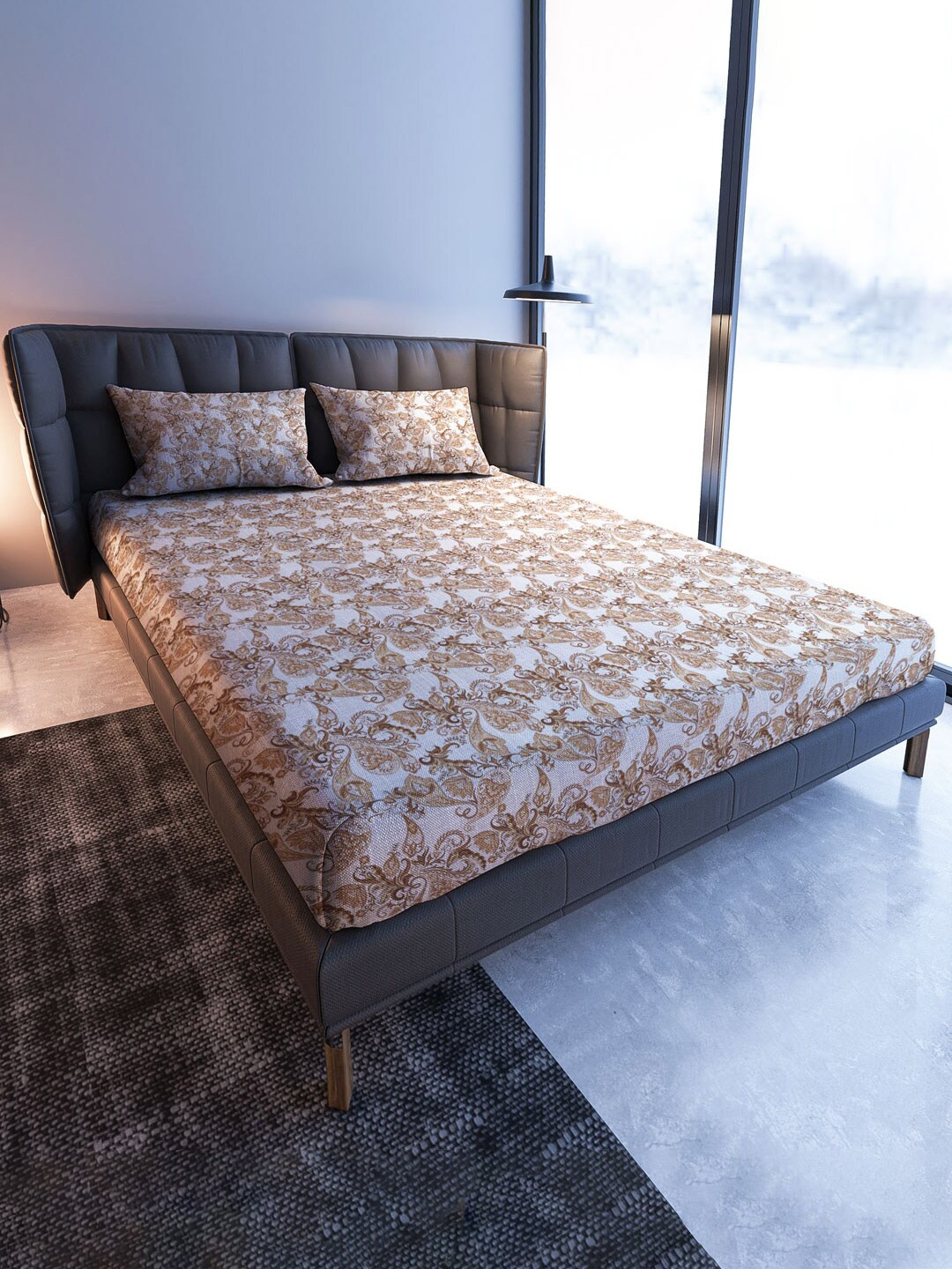 

MAYFAIR HOMES LONDON Blooming Beige & White 108 TC Fitted King Bedsheet & 2 Pillow Covers