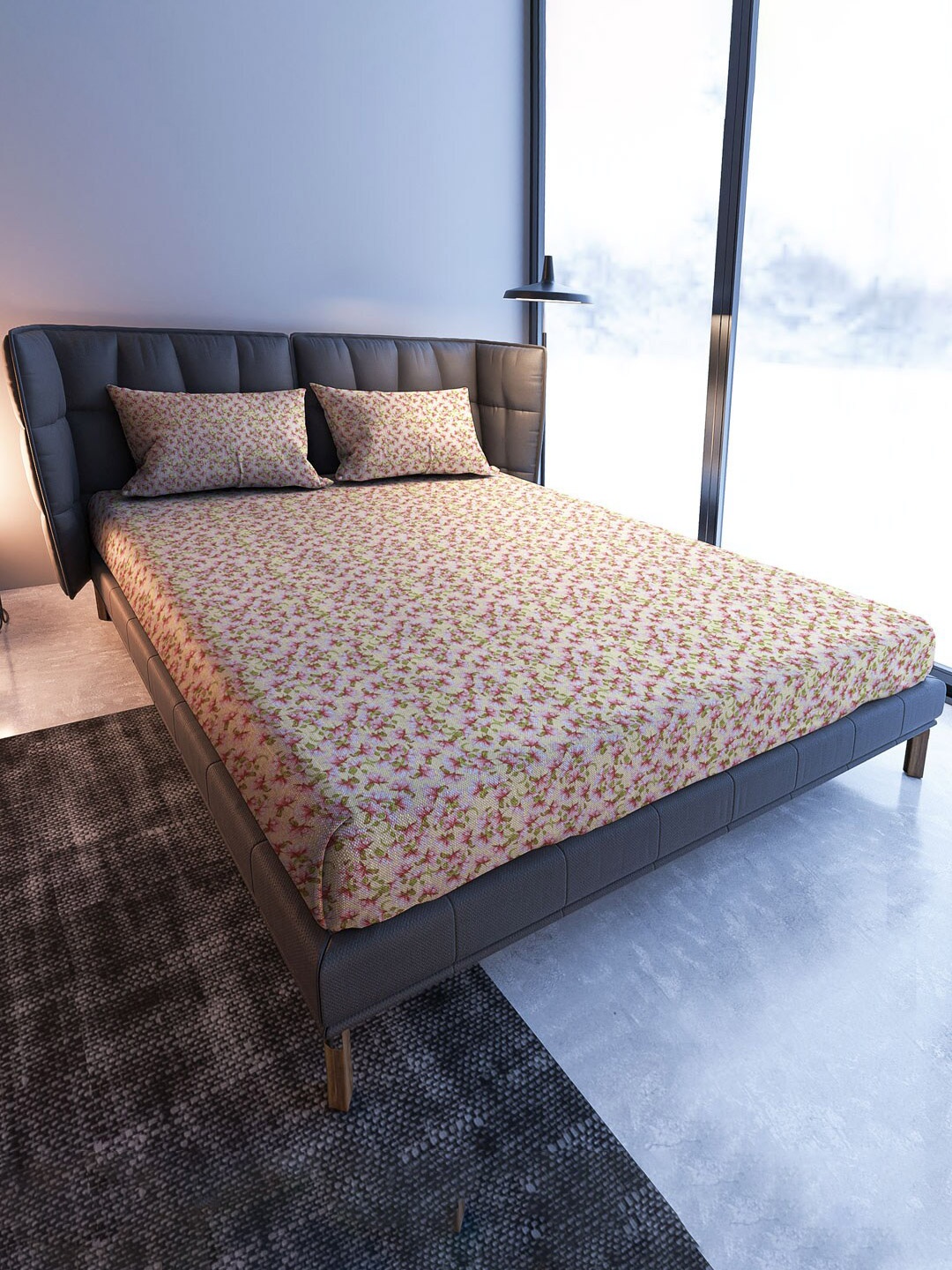 

MAYFAIR HOMES LONDON Blooming Tales Pink 108 TC Cotton Queen Bedsheet & 2 Pillow Covers