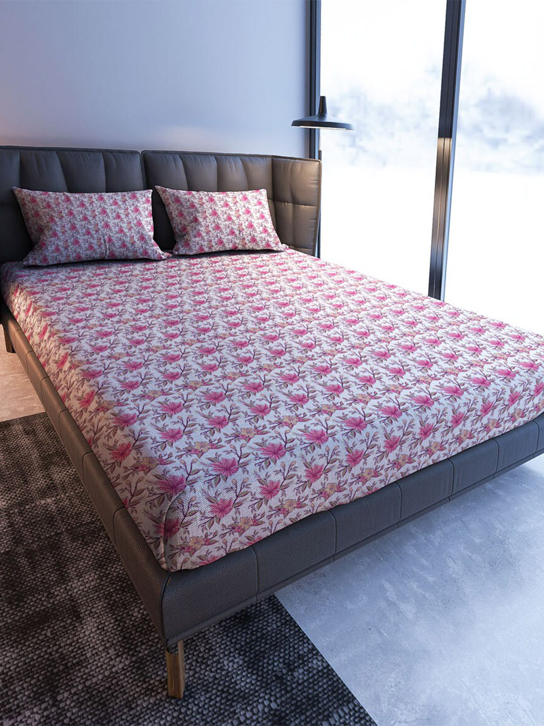 

MAYFAIR HOMES LONDON Blooming Tales Pink 108 TC Cotton Queen Bedsheet With 2 Pillow Covers