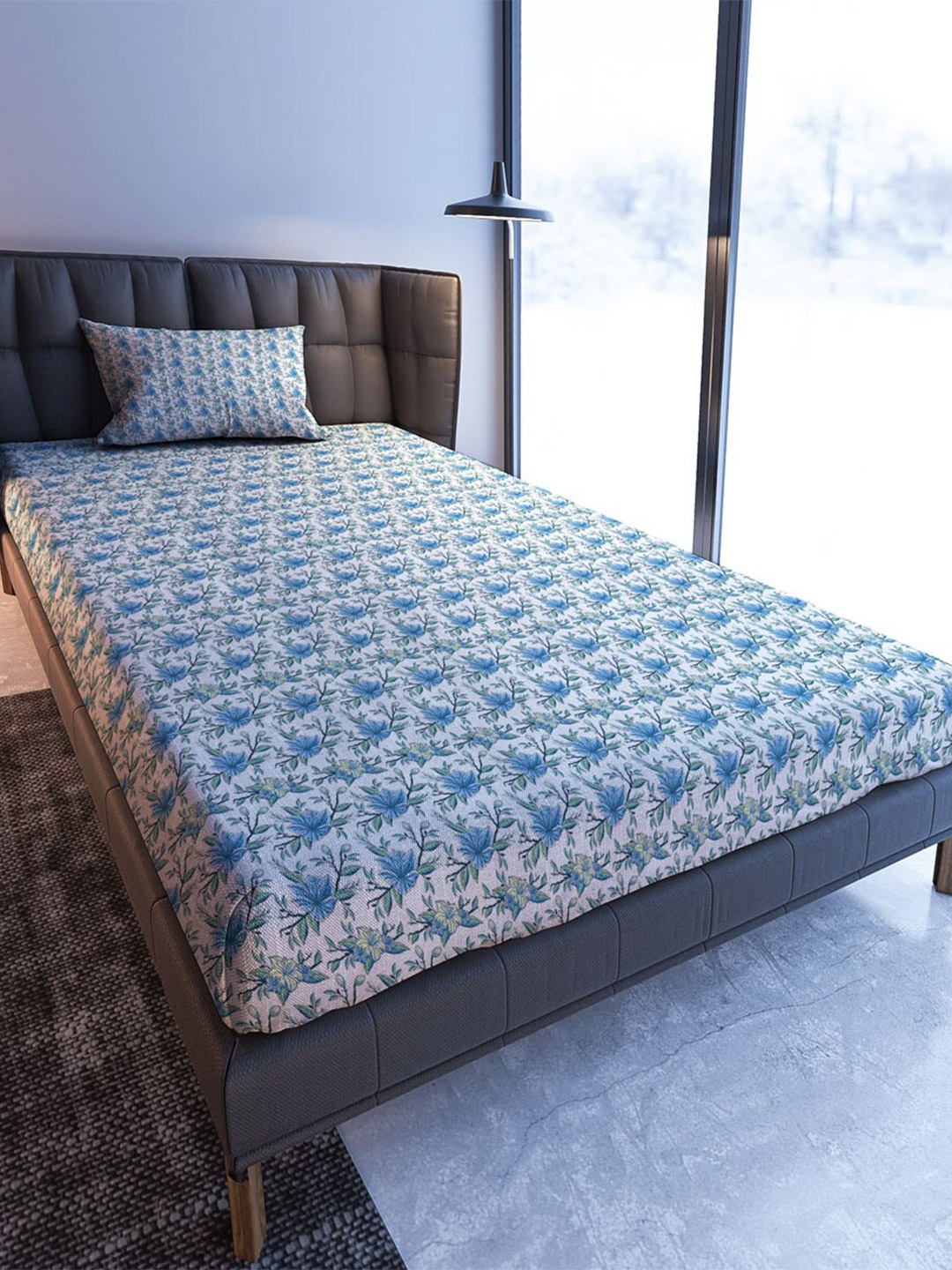 

MAYFAIR HOMES LONDON Blooming Blue & White 108 TC Single Bedsheet & Pillow Cover