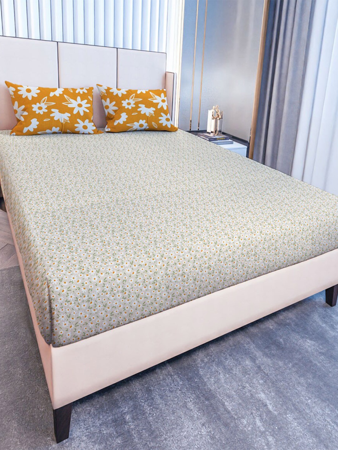 

MAYFAIR HOMES LONDON Beige Floral Cotton 120 TC Queen Bedsheet With 2 Pillow Covers