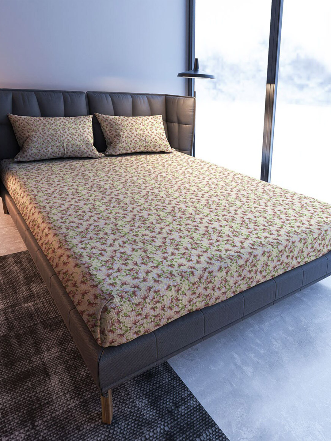 

MAYFAIR HOMES LONDON Brown Floral Cotton Fitted 108 TC King Bedsheet With 2 Pillow Covers
