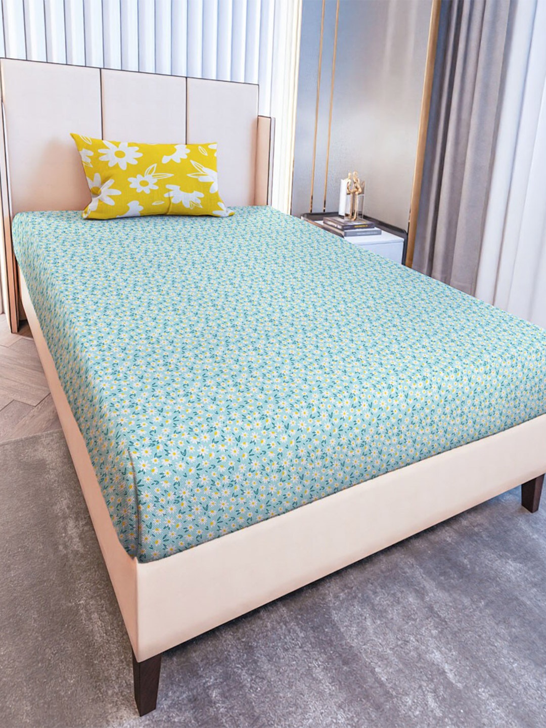 

MAYFAIR HOMES LONDON Blue Floral Cotton 120 TC Single Bedsheet With 1 Pillow Covers